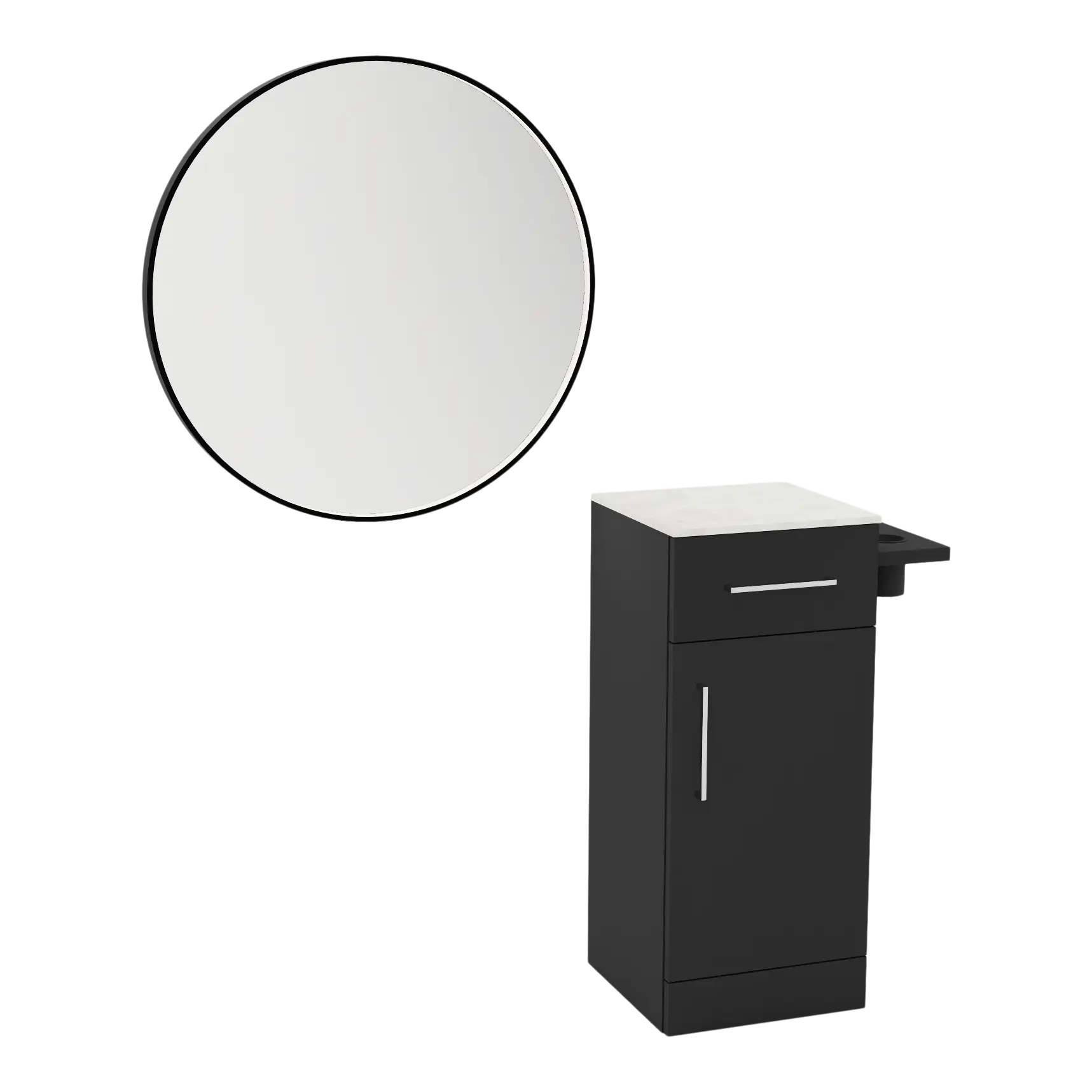 Nova Tower Free Standing Styling Station with Side-Mount Appliance Holder, Solid Surface Countertop, and Black Round Westin Mirror