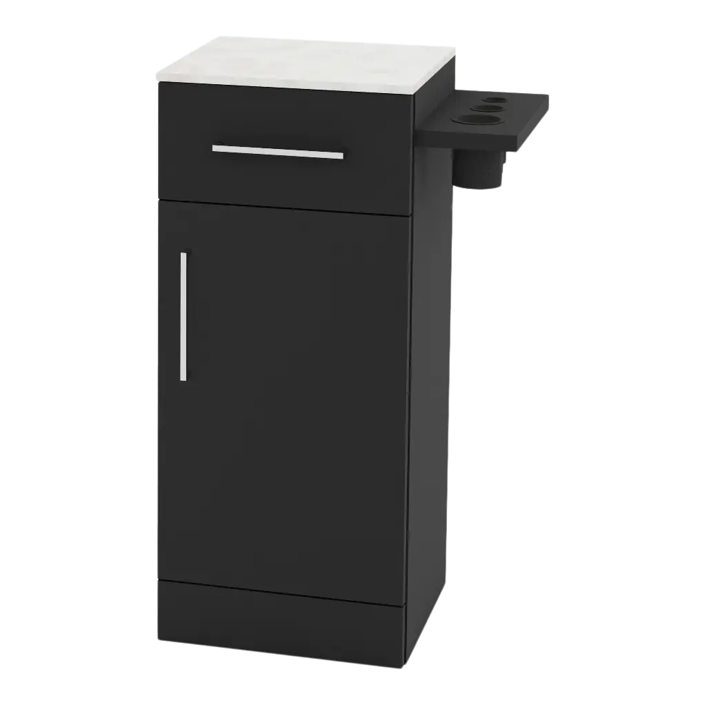 Nova Tower Free Standing Styling Station with Side-Mount Appliance Holder and Solid Surface Countertop (Cabinet Only)