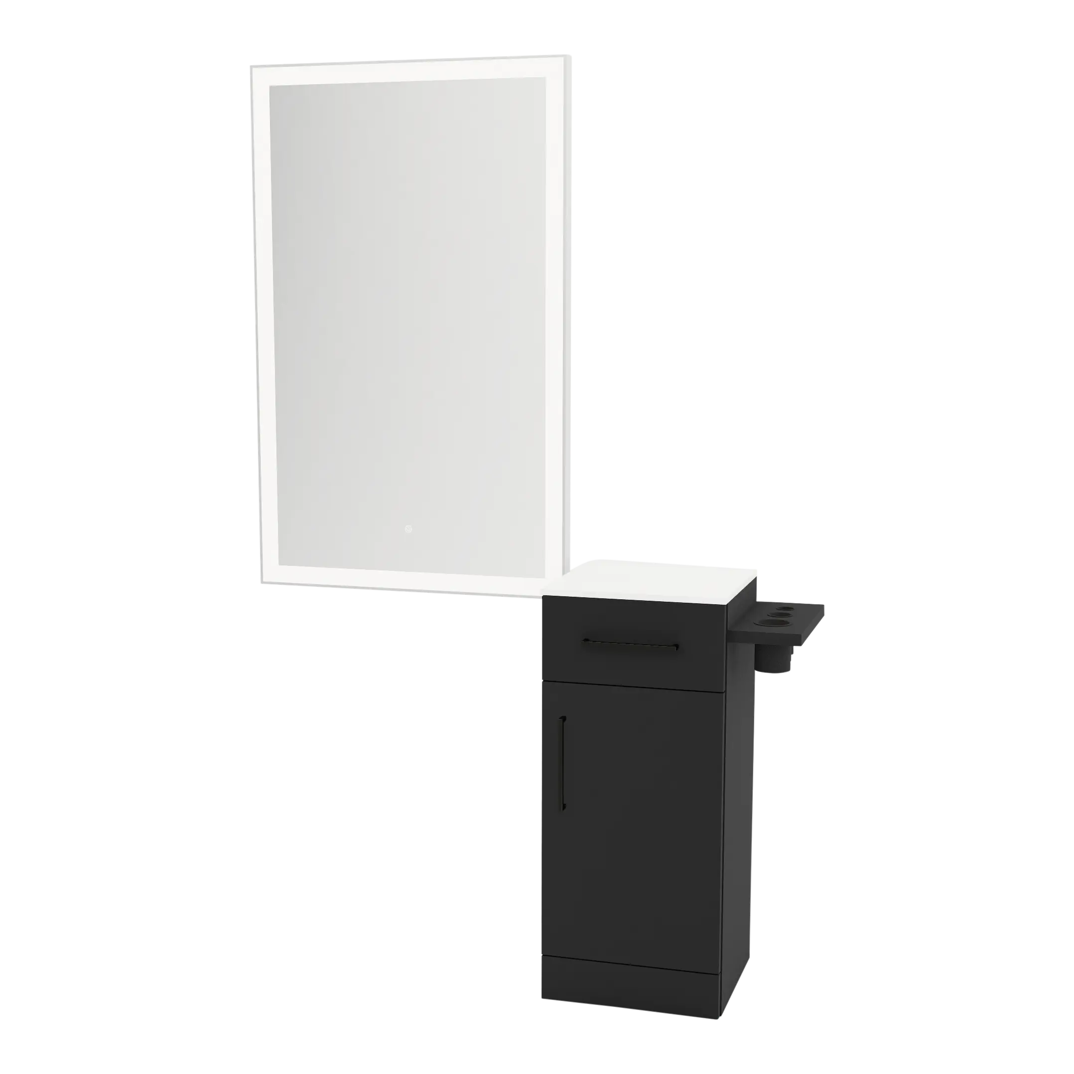 Nova Wall Mount Styling Station with Concealed Appliance Holder, Solid Surface Countertop, and Silver Rectangle Glo Mirror