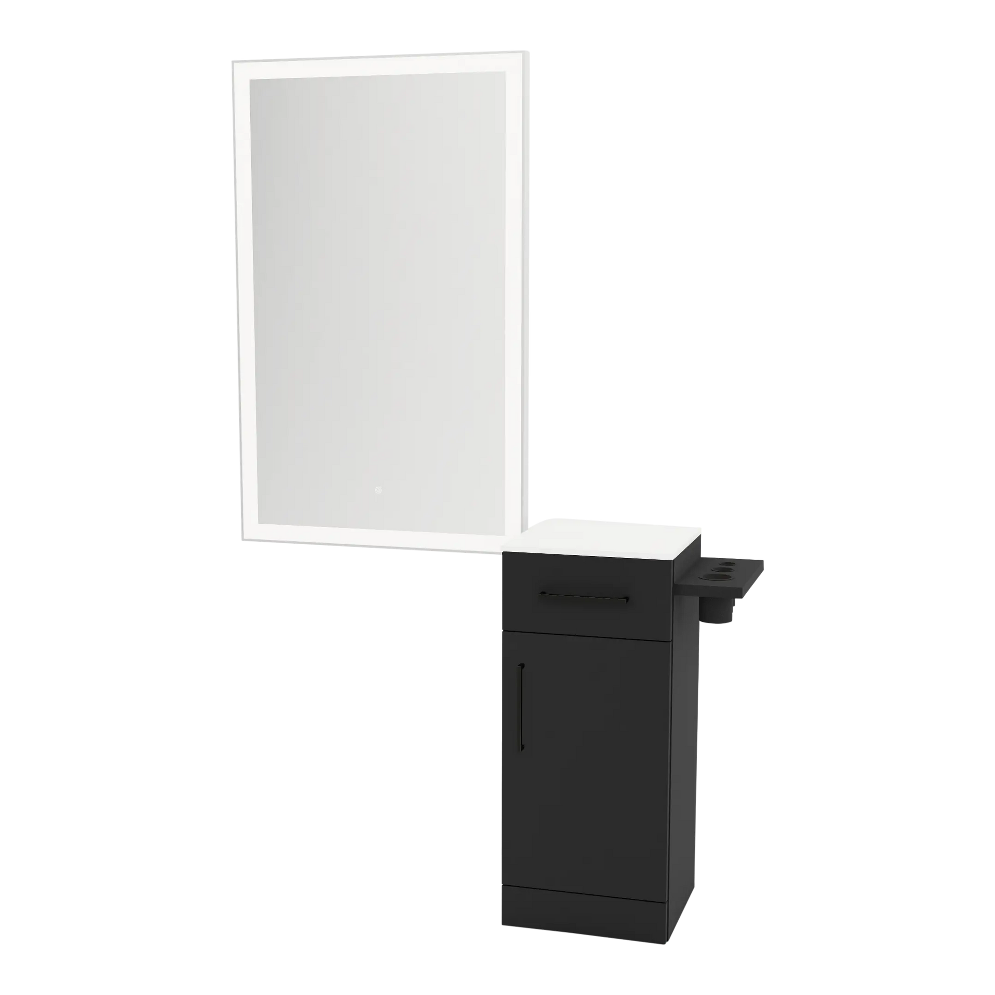 Nova Wall Mount Styling Station with Concealed Appliance Holder, Solid Surface Countertop, and Silver Rectangle Glo Mirror