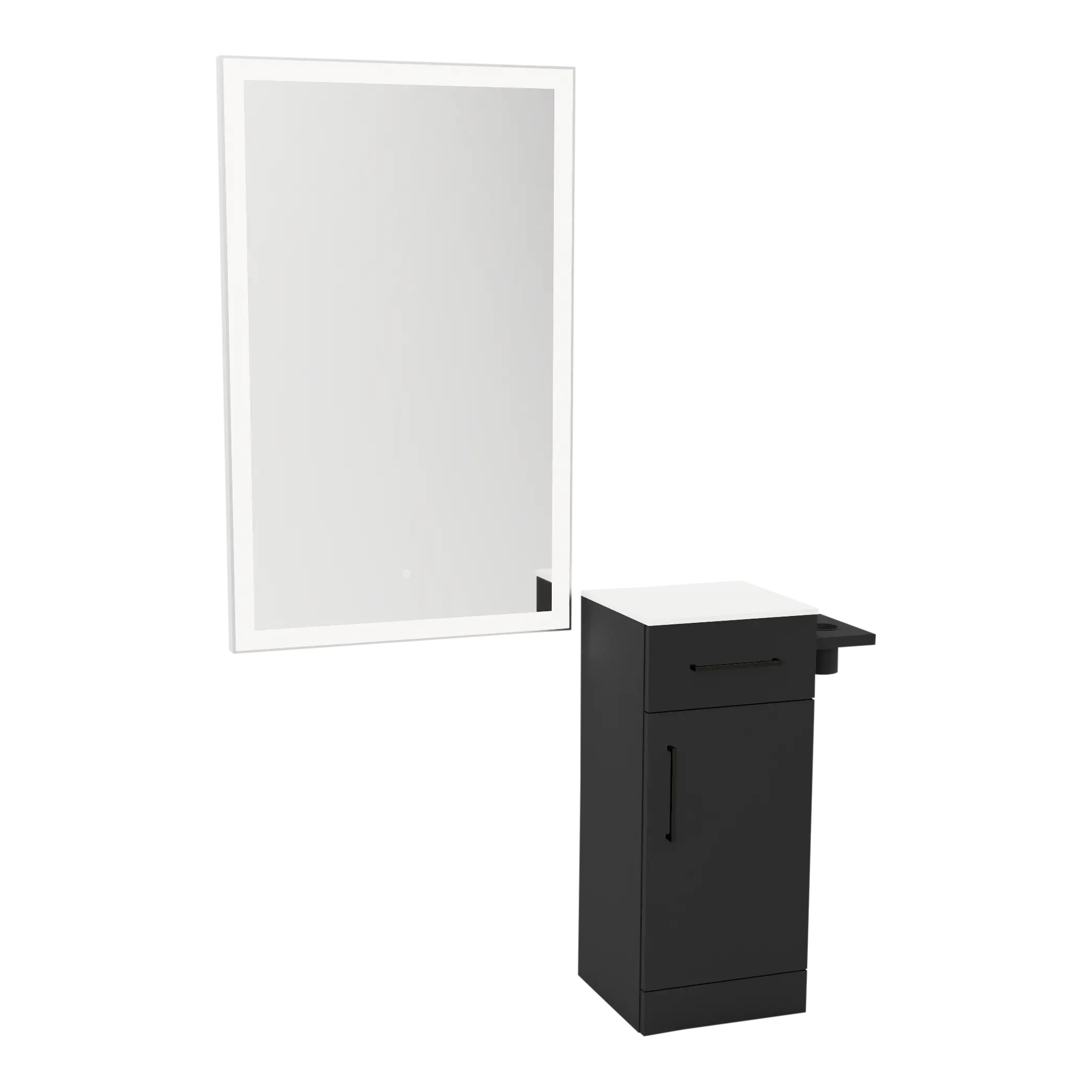 Nova Wall Mount Styling Station with Concealed Appliance Holder, Solid Surface Countertop, and Silver Rectangle Glo Mirror