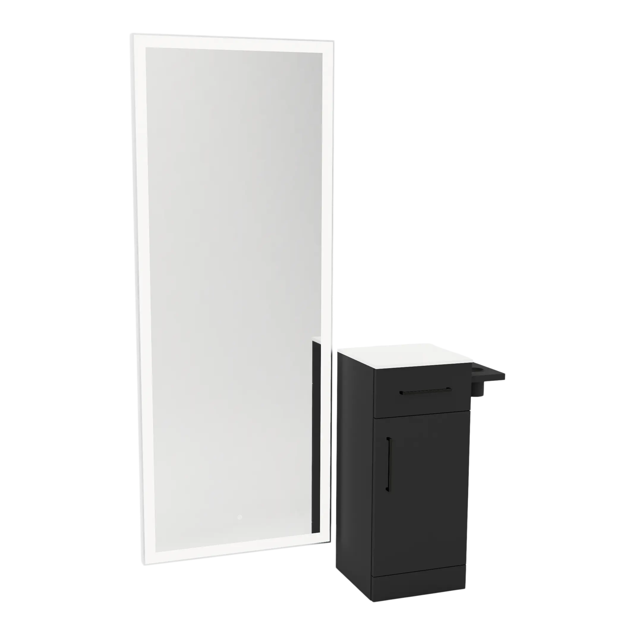 Nova Tower Free Standing Styling Station with Side-Mount Appliance Holder, Solid Surface Countertop, and Silver Full-Length Rectangle Glo Mirror