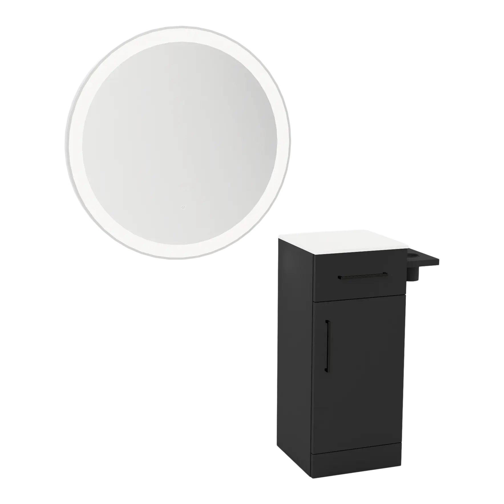 Nova Tower Free Standing Styling Station with Side-Mount Appliance Holder, Solid Surface Countertop, and Silver Round Glo Mirror