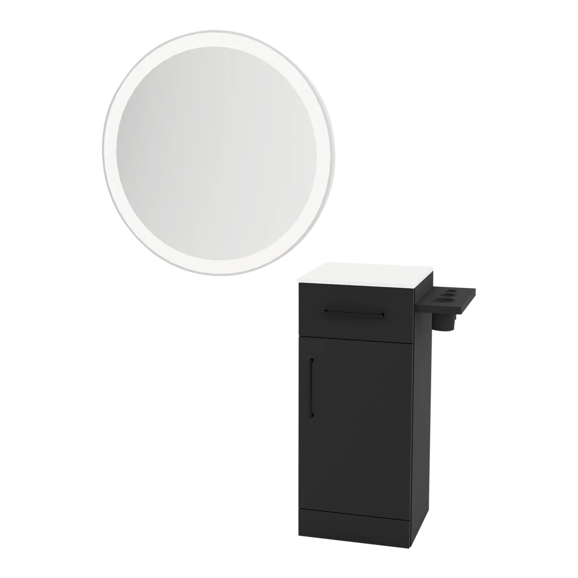 Nova Tower Free Standing Styling Station with Side-Mount Appliance Holder, Solid Surface Countertop, and Silver Round Glo Mirror