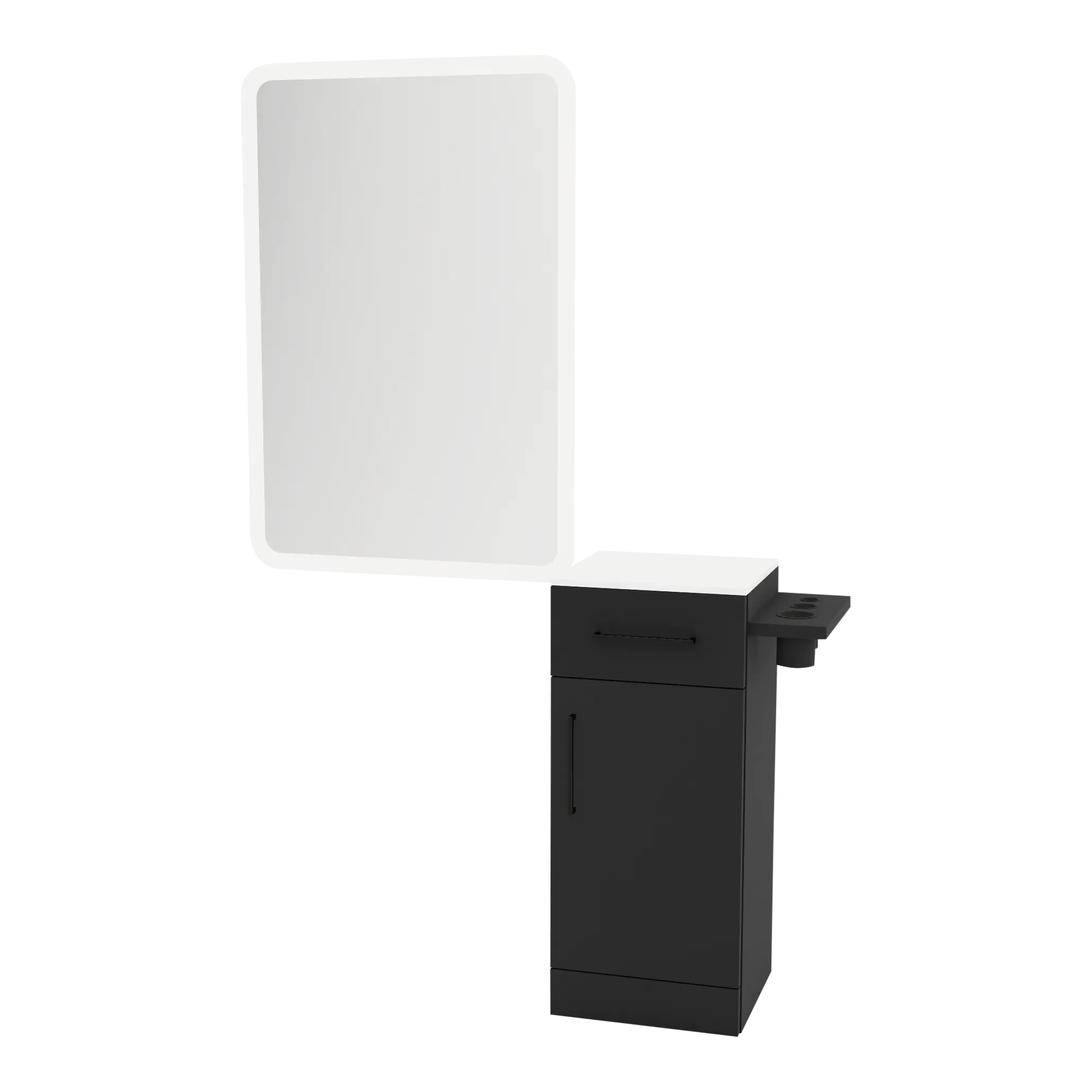 Nova Tower Free Standing Styling Station with Side-Mount Appliance Holder, Solid Surface Countertop, and White Rectangle Illuminate Back Lit Mirror