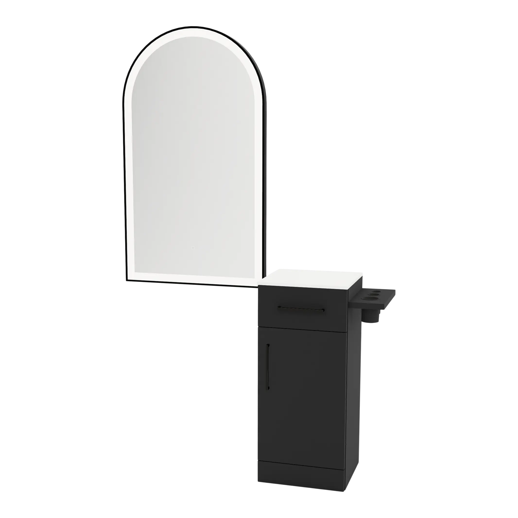 Nova Tower Free Standing Styling Station with Side-Mount Appliance Holder, Solid Surface Countertop, and Black Arch Paloma Mirror