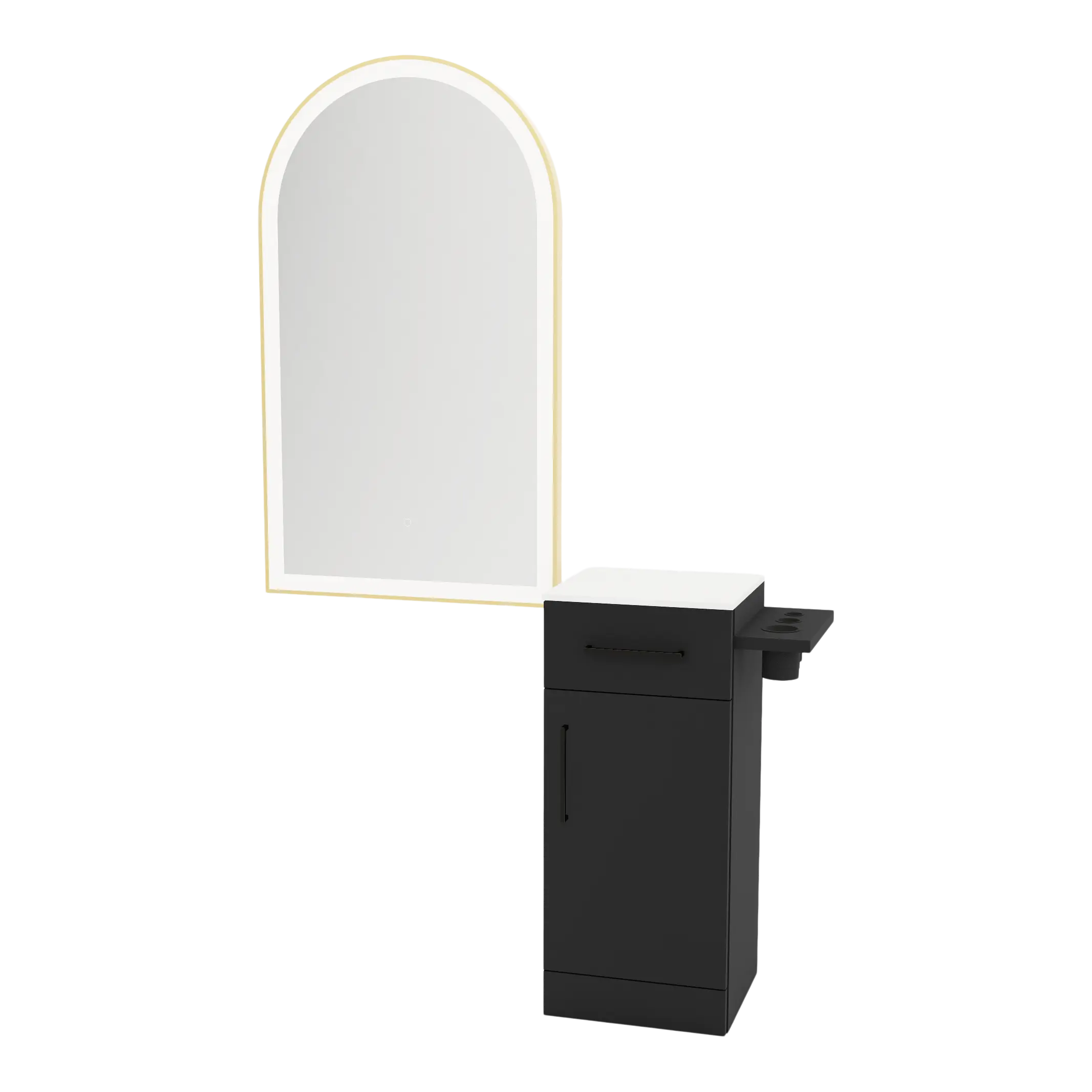 Nova Tower Free Standing Styling Station with Side-Mount Appliance Holder, Solid Surface Countertop, and Gold Arch Paloma Mirror