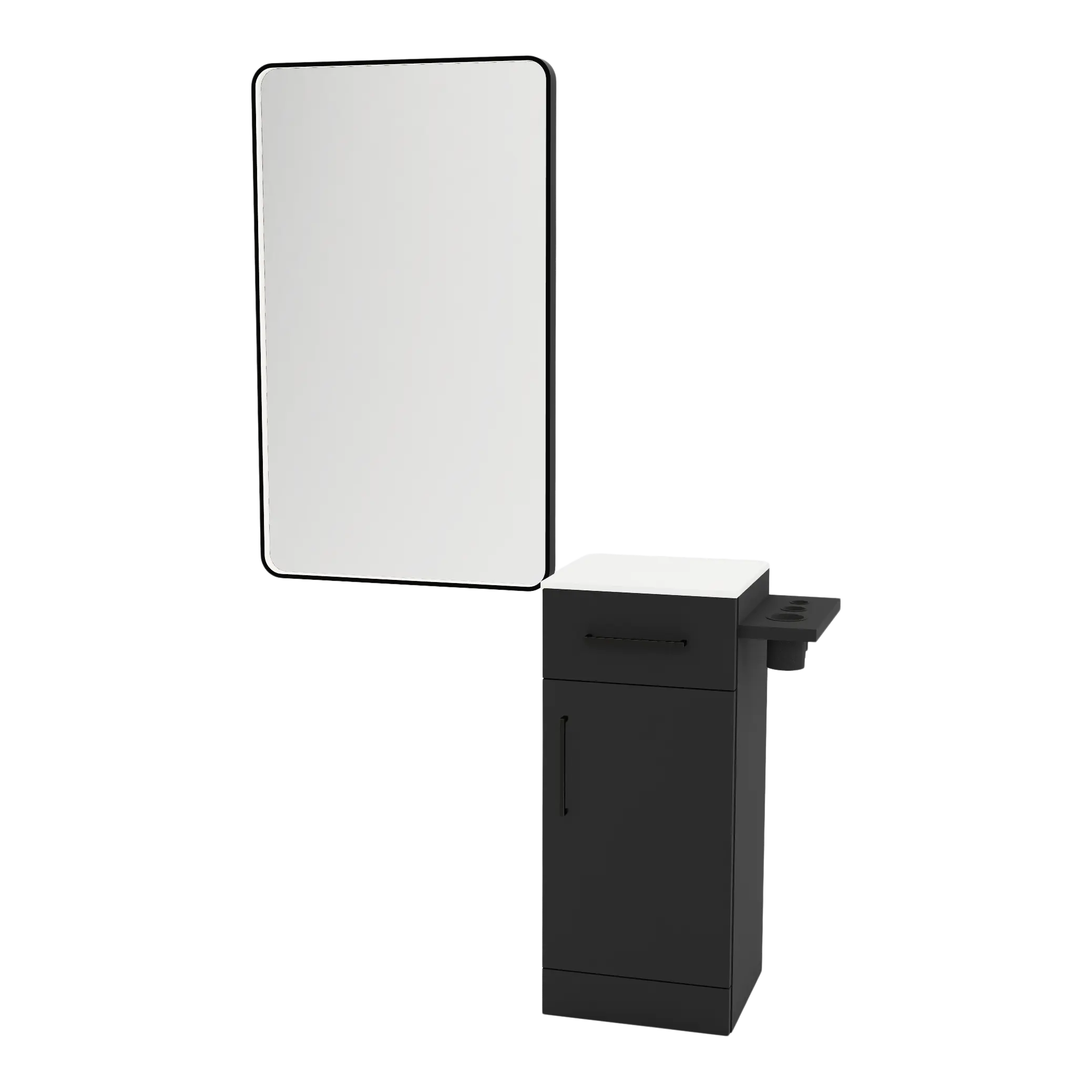 Nova Tower Free Standing Styling Station with Side-Mount Appliance Holder, Solid Surface Countertop, and Black Rectangle Westin Mirror
