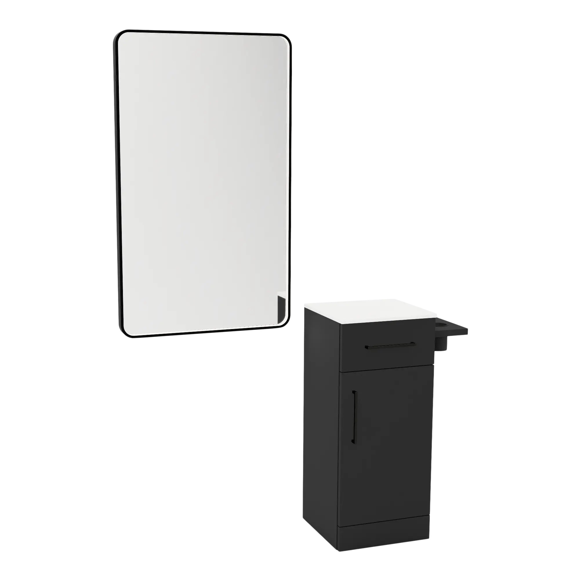 Nova Tower Free Standing Styling Station with Side-Mount Appliance Holder, Solid Surface Countertop, and Black Rectangle Westin Mirror