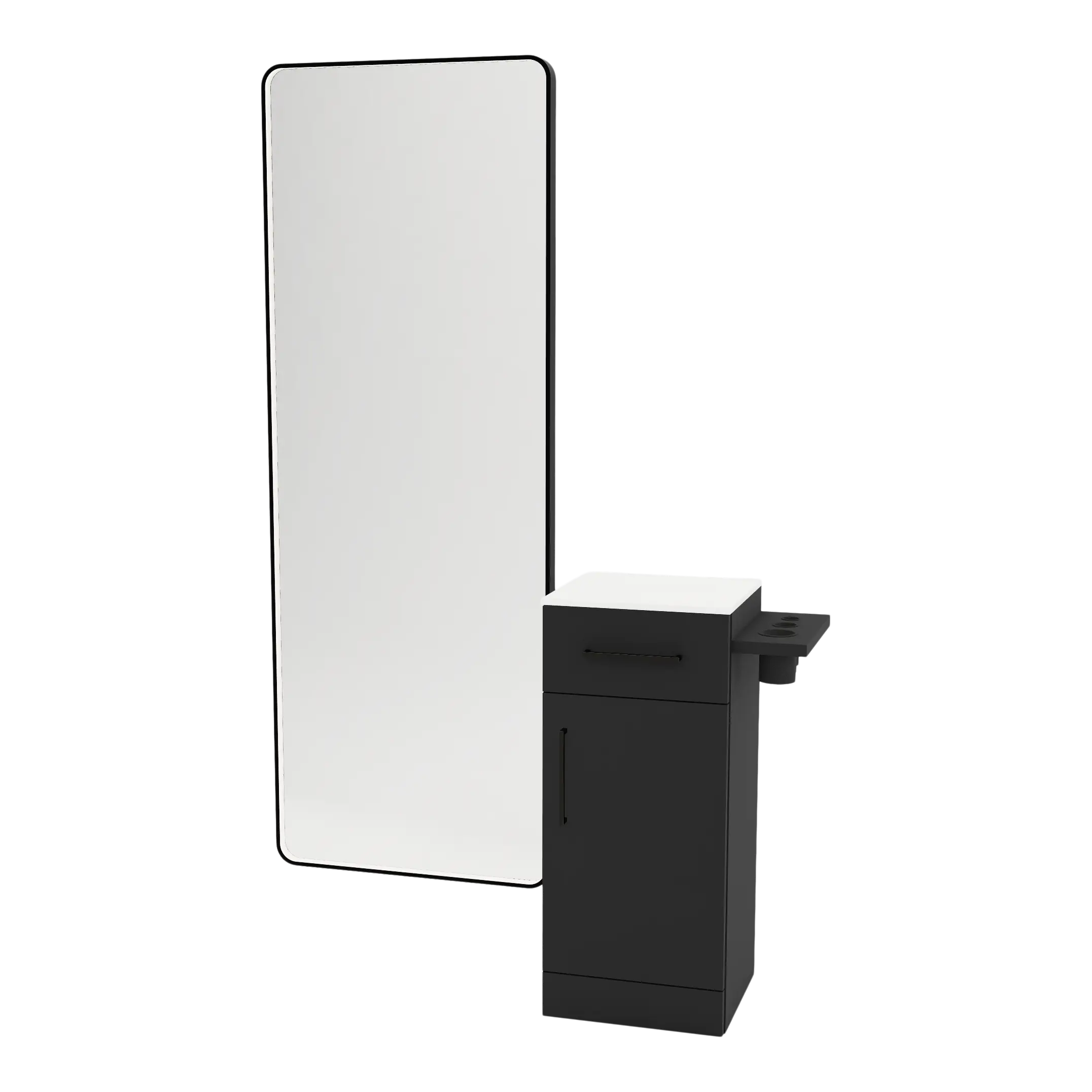Nova Tower Free Standing Styling Station with Side-Mount Appliance Holder, Solid Surface Countertop, and Black Full-Length Rectangle Westin Mirror