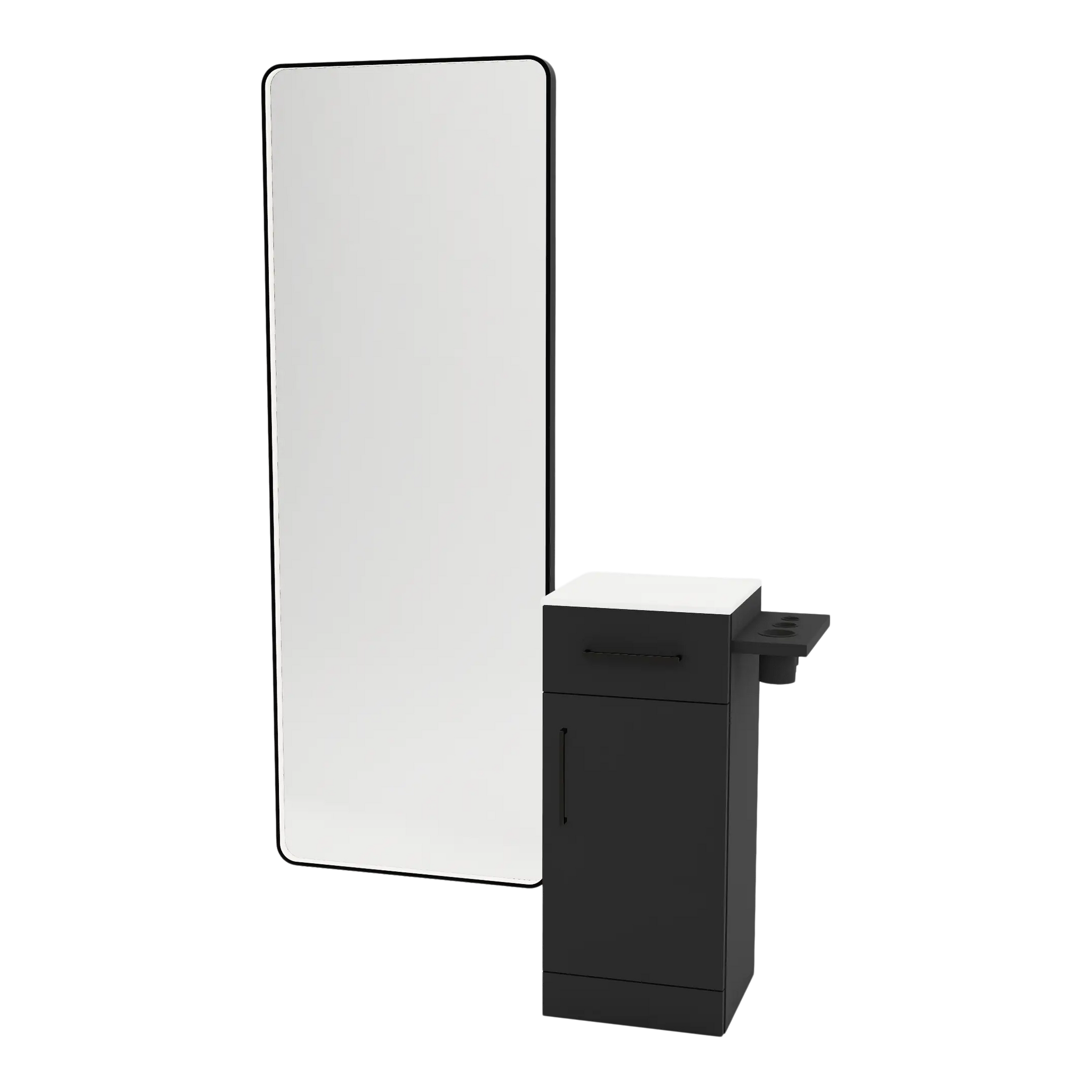 Nova Tower Free Standing Styling Station with Side-Mount Appliance Holder, Solid Surface Countertop, and Black Full-Length Rectangle Westin Mirror