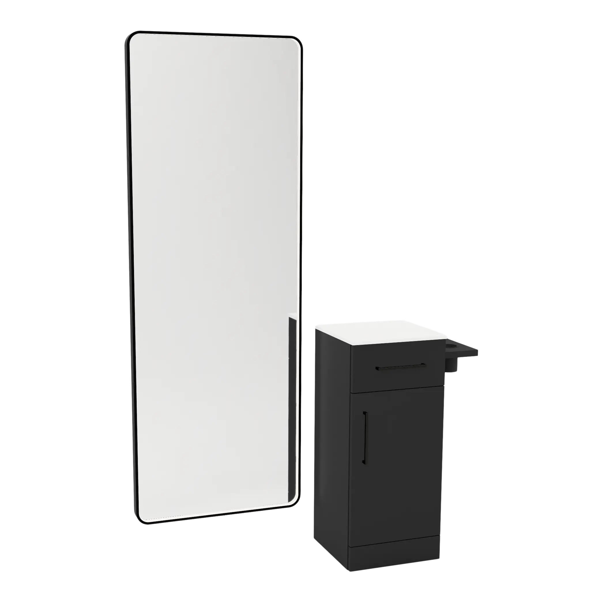 Nova Tower Free Standing Styling Station with Side-Mount Appliance Holder, Solid Surface Countertop, and Black Full-Length Rectangle Westin Mirror