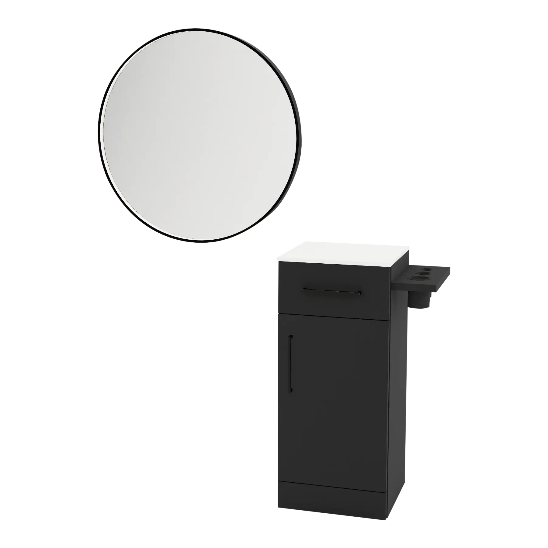 Nova Tower Free Standing Styling Station with Side-Mount Appliance Holder, Solid Surface Countertop, and Black Round Westin Mirror