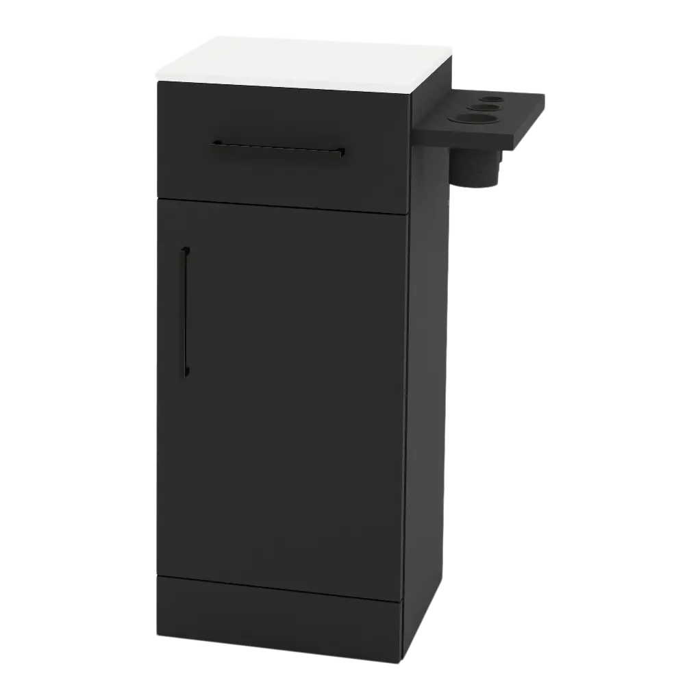 Nova Tower Free Standing Styling Station with Side-Mount Appliance Holder and Solid Surface Countertop (Cabinet Only)