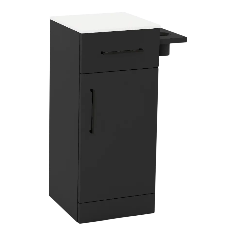 Nova Tower Free Standing Styling Station with Side-Mount Appliance Holder and Solid Surface Countertop (Cabinet Only)