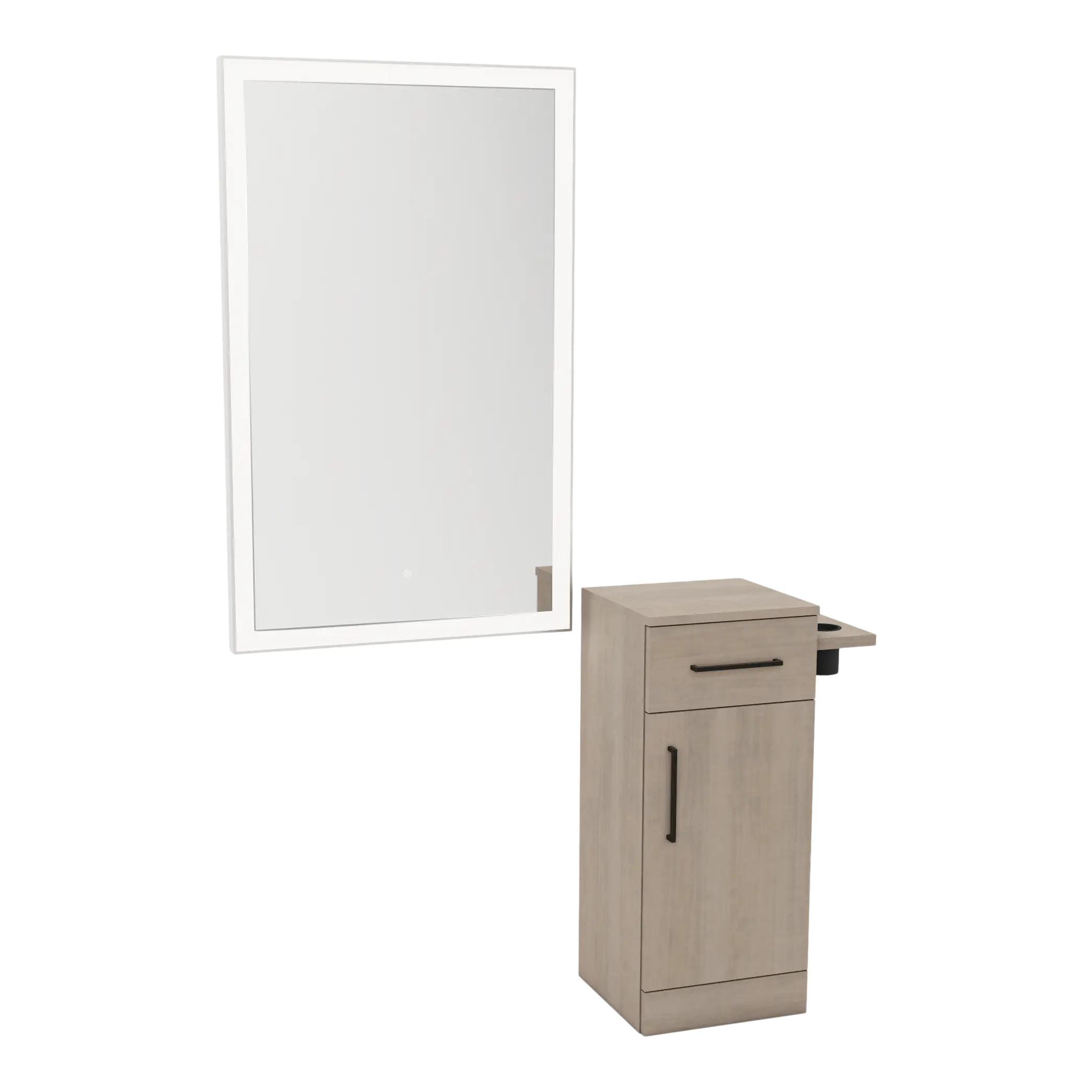 Nova Tower Free Standing Styling Station with Side-Mount Appliance Holder and Silver Rectangle Glo Mirror