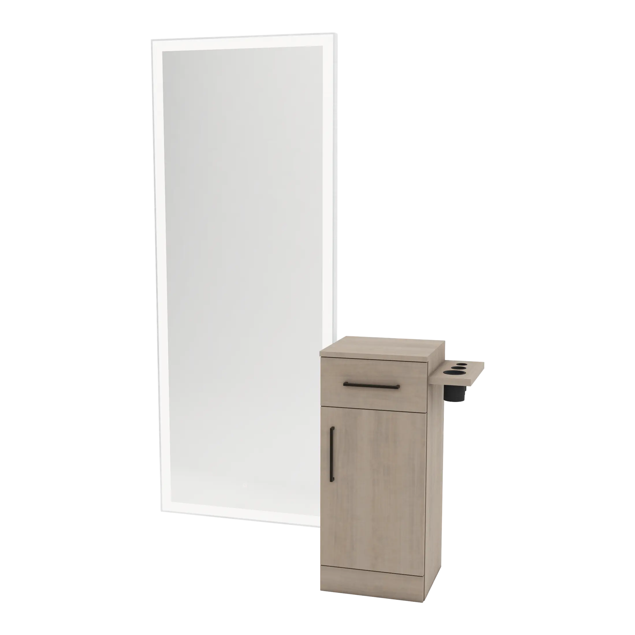 Nova Tower Free Standing Styling Station with Side-Mount Appliance Holder and Silver Full-Length Rectangle Glo Mirror