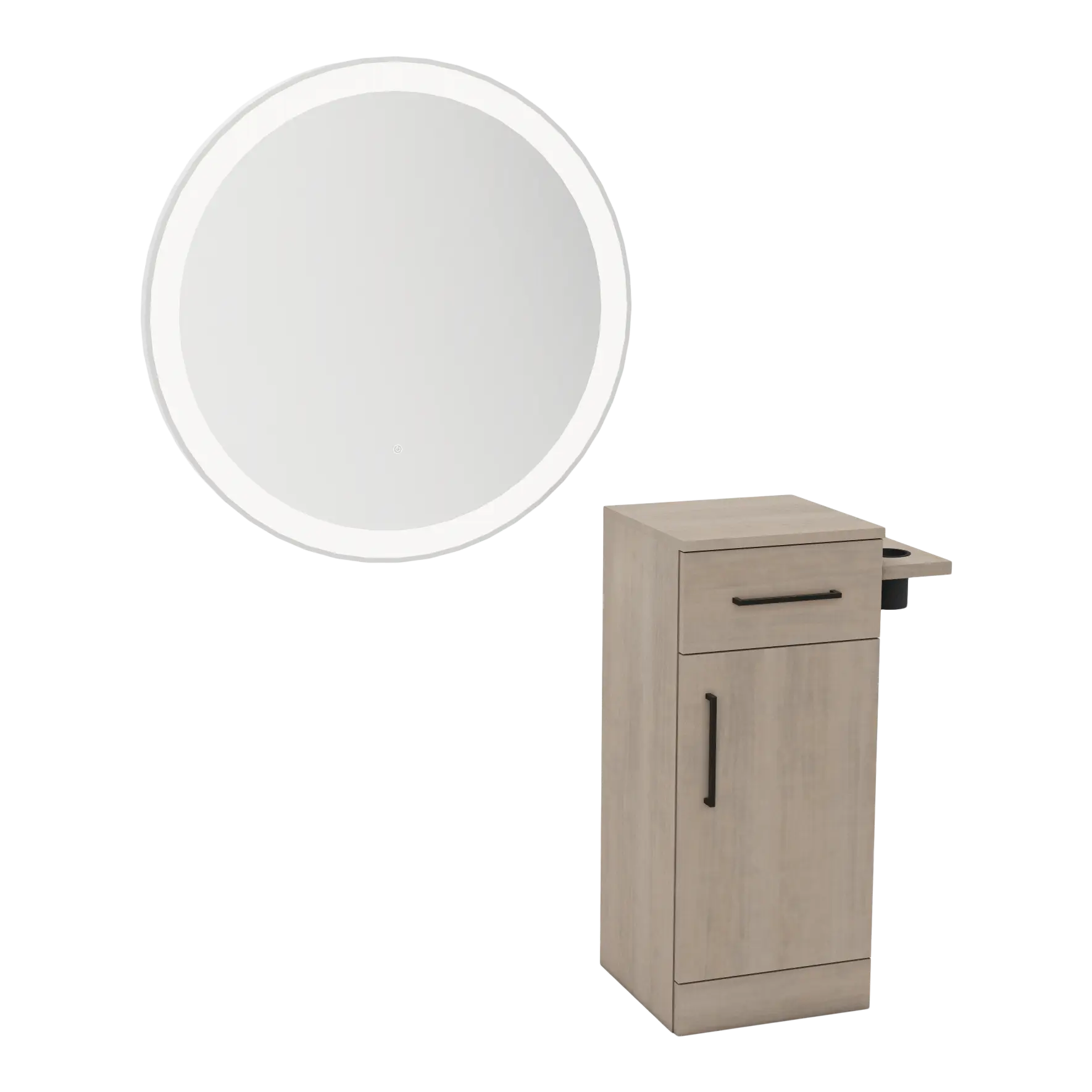 Nova Tower Free Standing Styling Station with Side-Mount Appliance Holder and Silver Round Glo Mirror