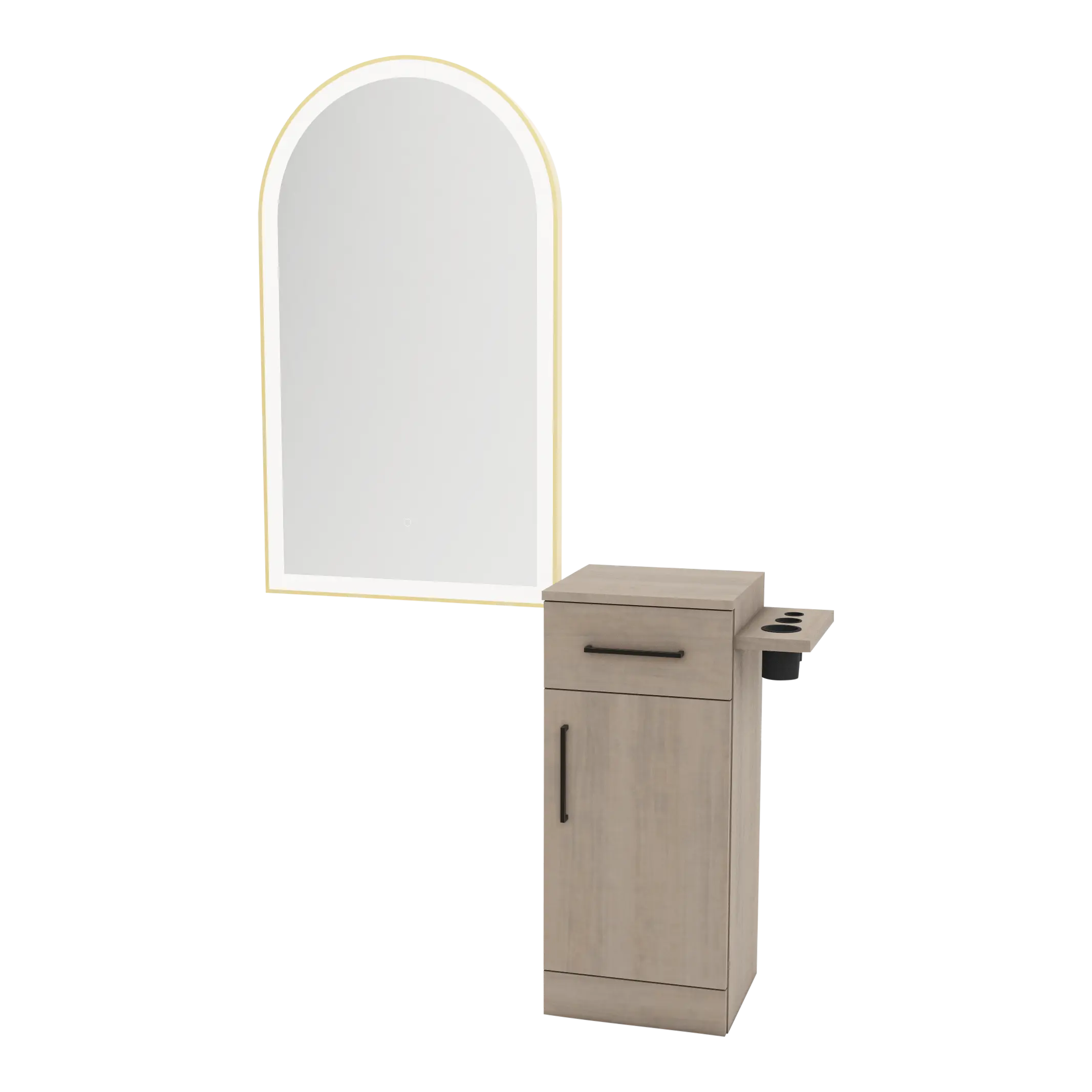 Nova Tower Free Standing Styling Station with Side-Mount Appliance Holder and Gold Arch Paloma Mirror