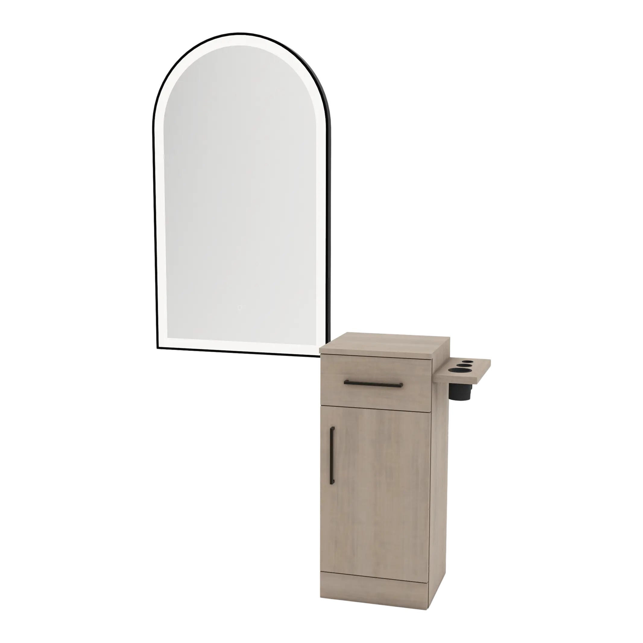 Nova Tower Free Standing Styling Station with Side-Mount Appliance Holder and Black Arch Paloma Mirror