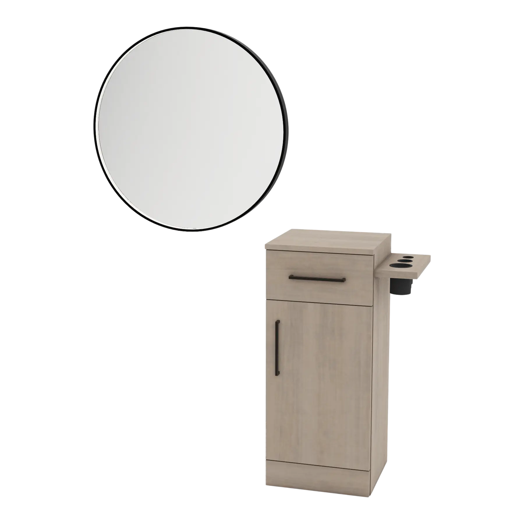 Nova Tower Free Standing Styling Station with Side-Mount Appliance Holder and Black Round Westin Mirror