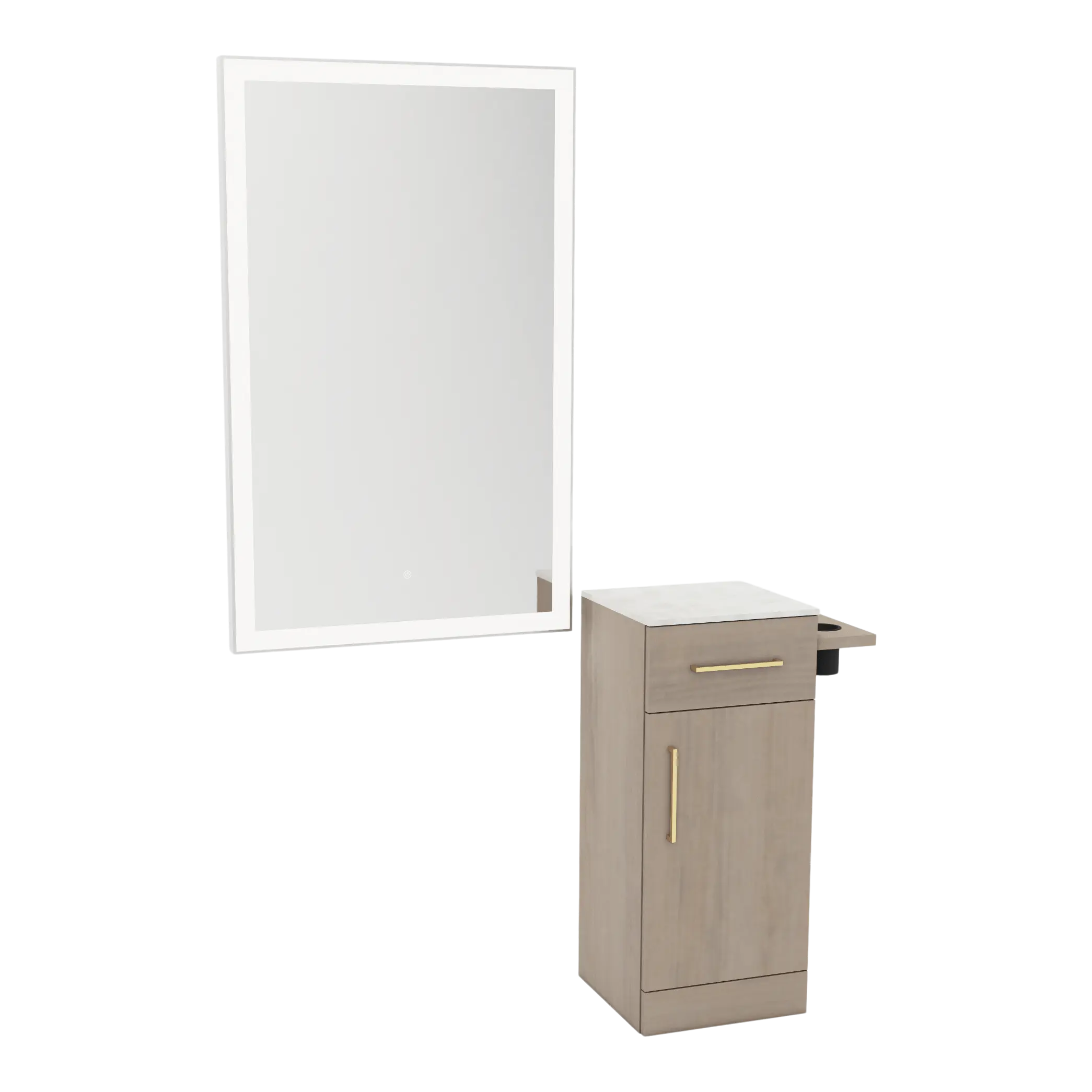 Nova Wall Mount Styling Station with Concealed Appliance Holder, Solid Surface Countertop, and Silver Rectangle Glo Mirror