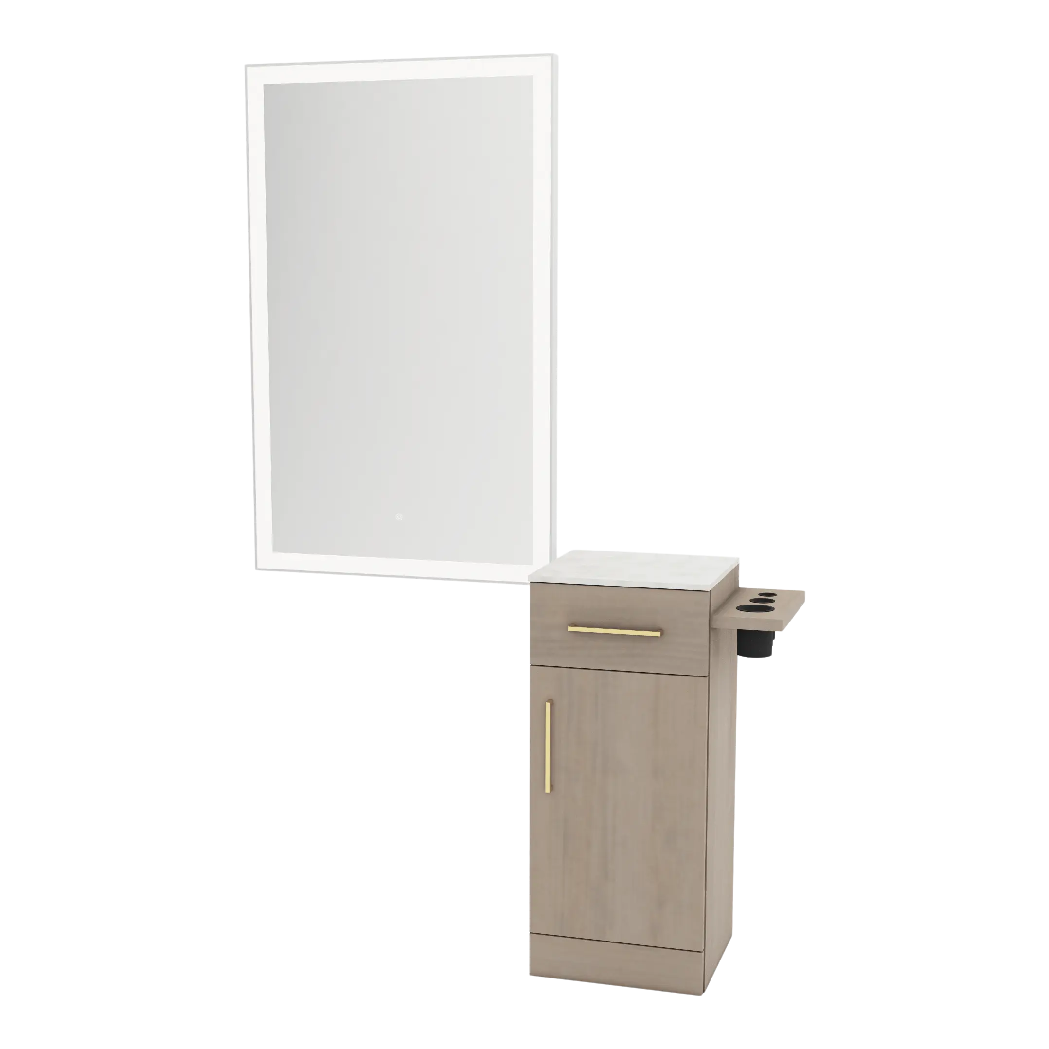 Nova Wall Mount Styling Station with Concealed Appliance Holder, Solid Surface Countertop, and Silver Rectangle Glo Mirror
