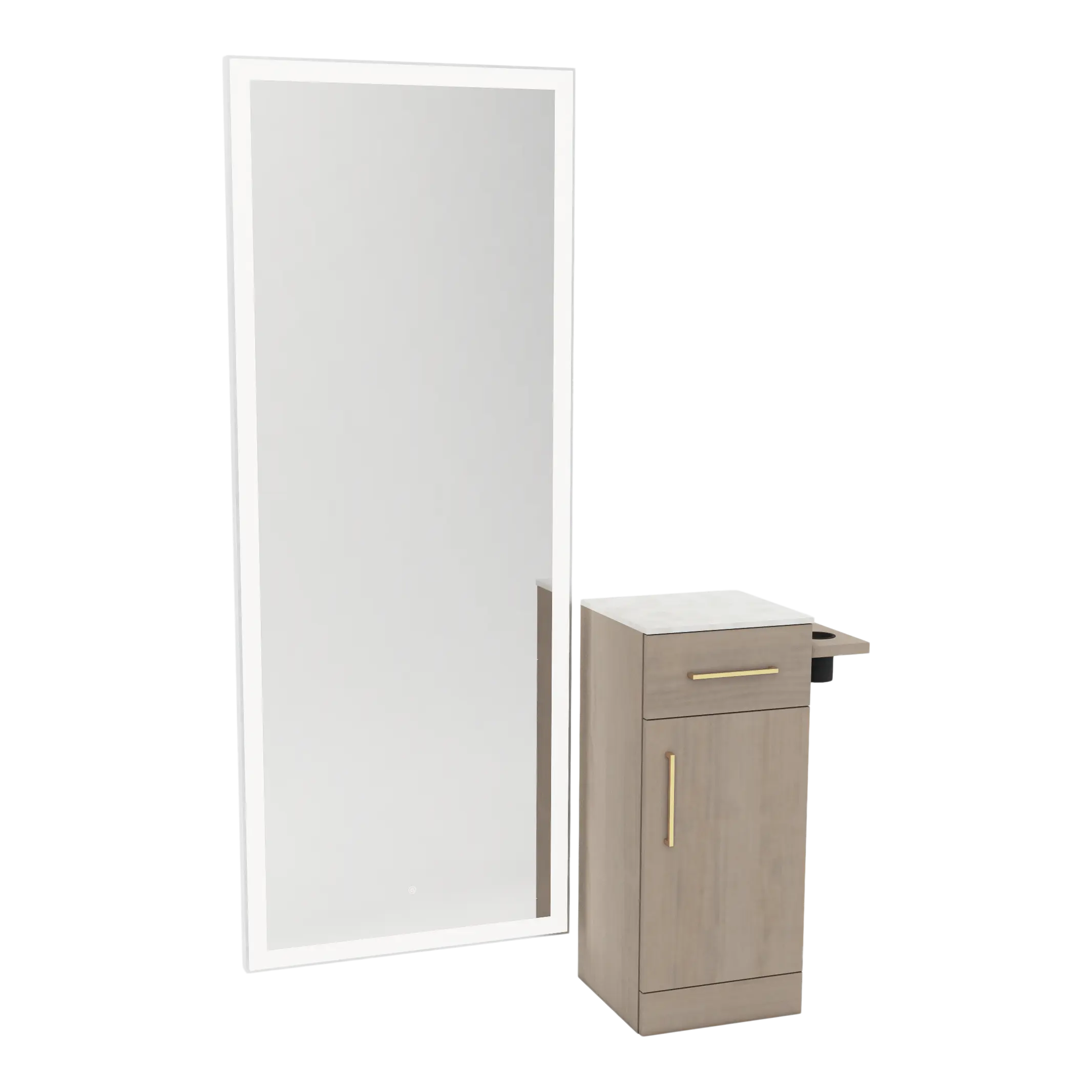 Nova Tower Free Standing Styling Station with Side-Mount Appliance Holder, Solid Surface Countertop, and Silver Full-Length Rectangle Glo Mirror