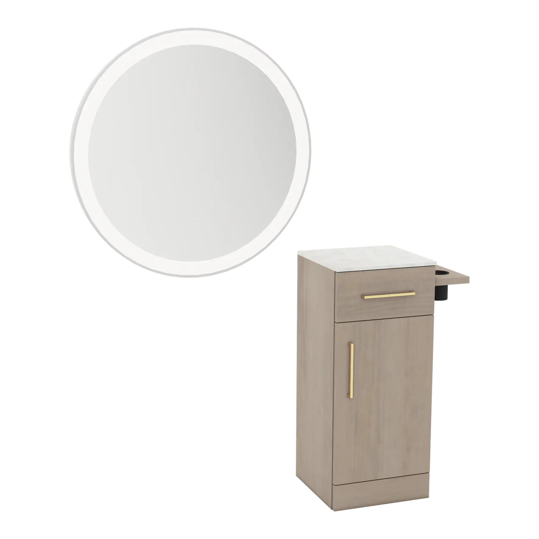 Nova Tower Free Standing Styling Station with Side-Mount Appliance Holder, Solid Surface Countertop, and Silver Round Glo Mirror