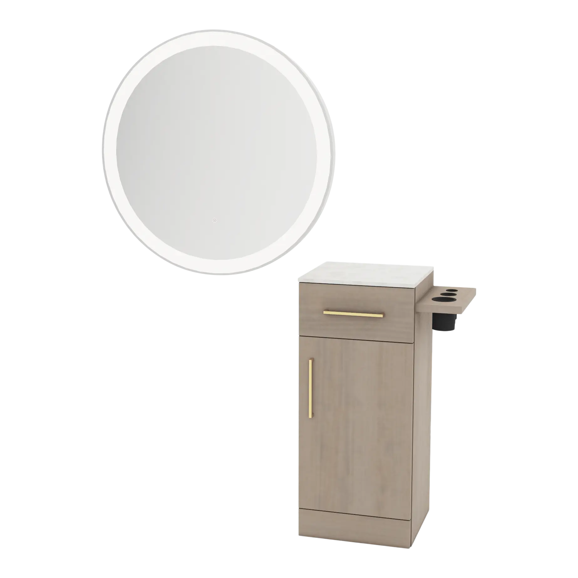 Nova Tower Free Standing Styling Station with Side-Mount Appliance Holder, Solid Surface Countertop, and Silver Round Glo Mirror