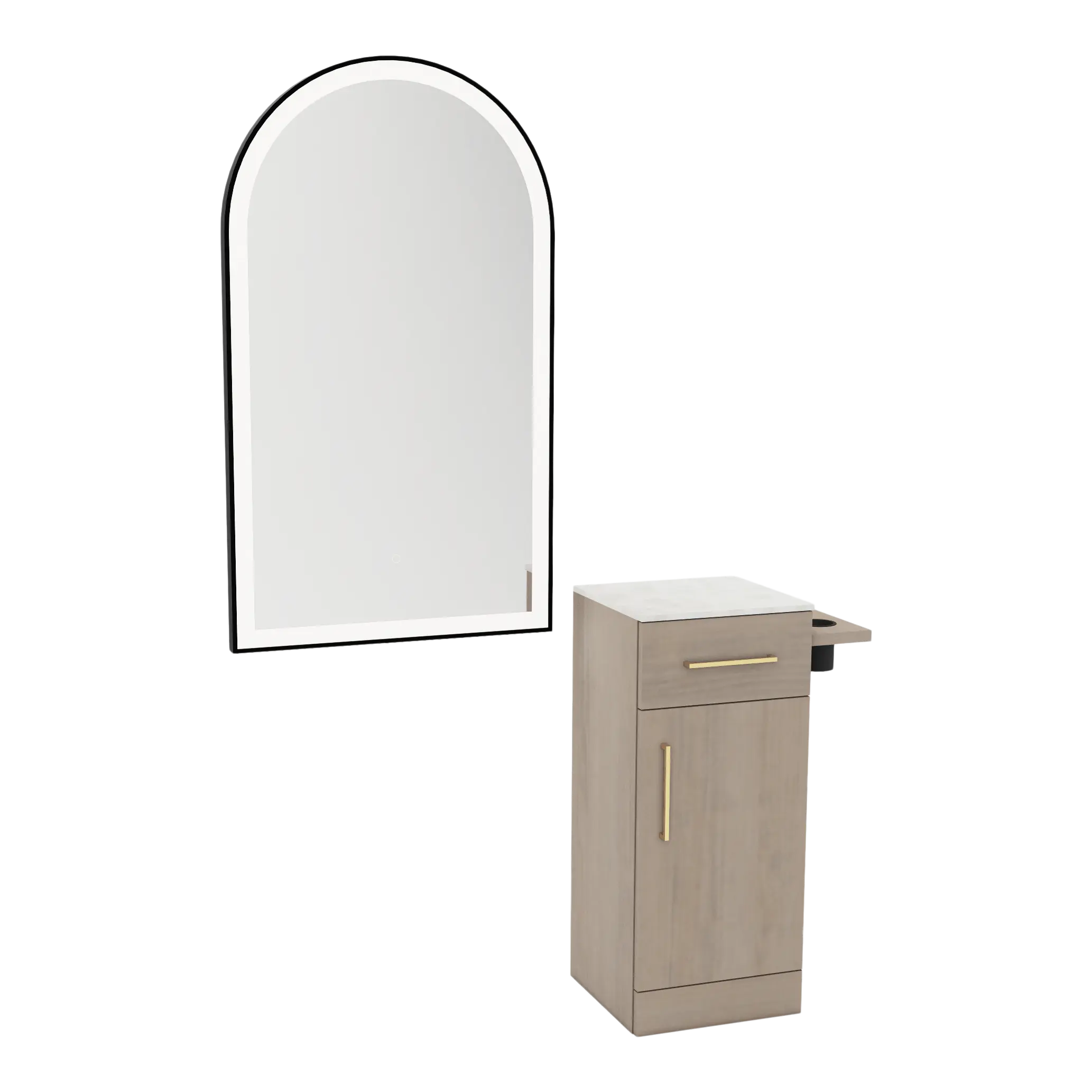 Nova Tower Free Standing Styling Station with Side-Mount Appliance Holder, Solid Surface Countertop, and Black Arch Paloma Mirror