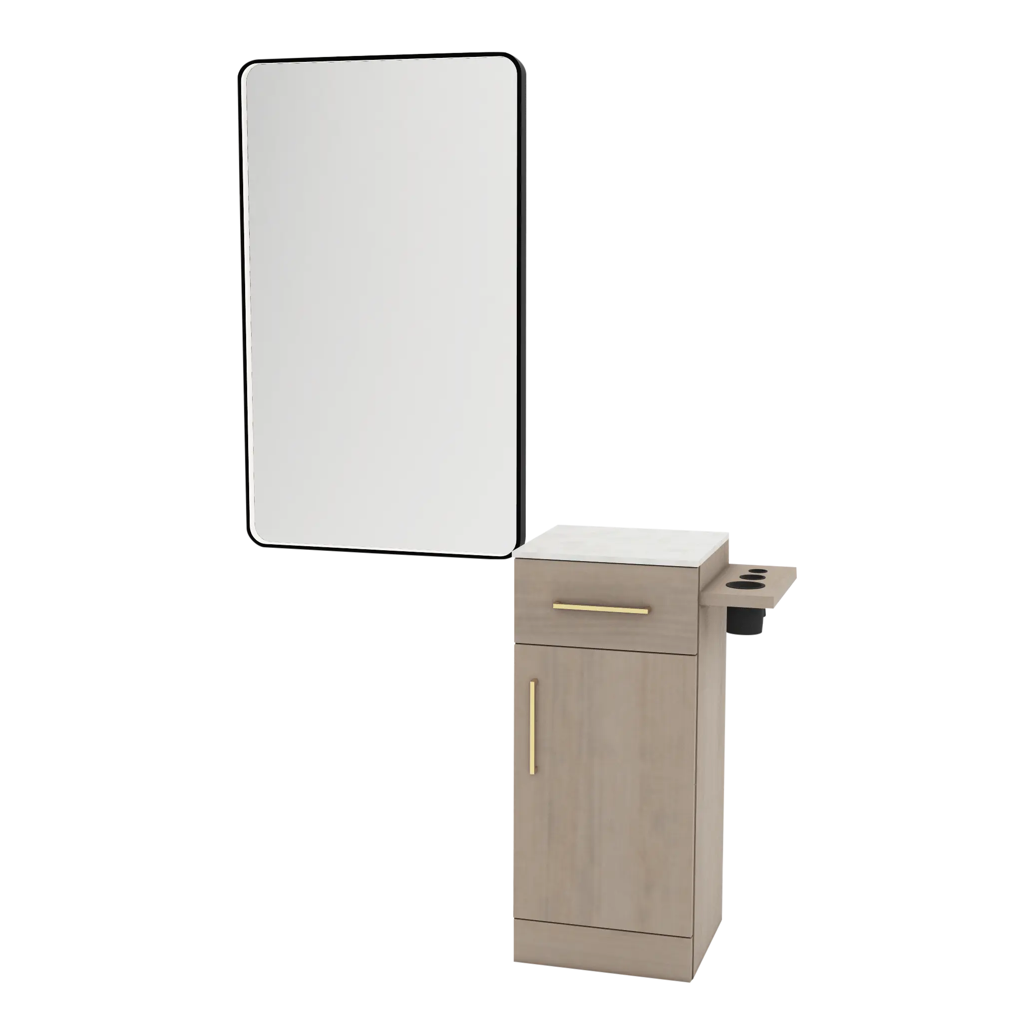 Nova Tower Free Standing Styling Station with Side-Mount Appliance Holder, Solid Surface Countertop, and Black Rectangle Westin Mirror