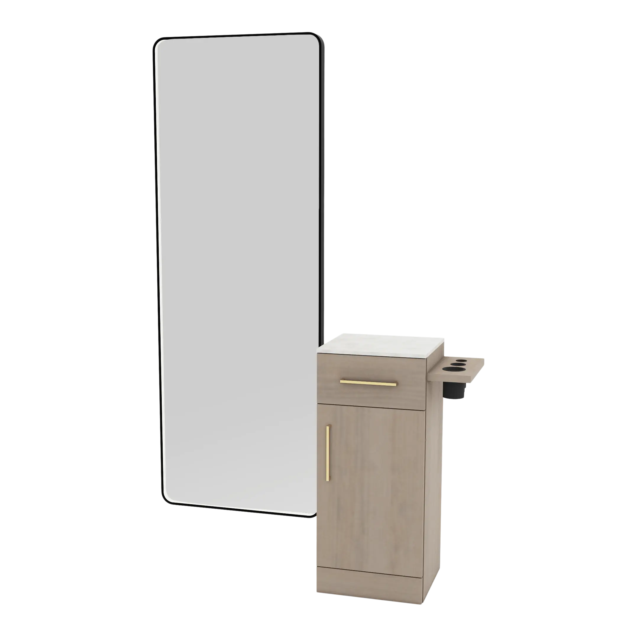 Nova Tower Free Standing Styling Station with Side-Mount Appliance Holder, Solid Surface Countertop, and Black Full-Length Rectangle Westin Mirror