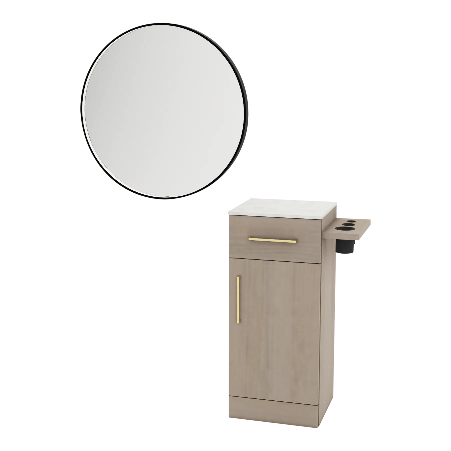 Nova Tower Free Standing Styling Station with Side-Mount Appliance Holder, Solid Surface Countertop, and Black Round Westin Mirror