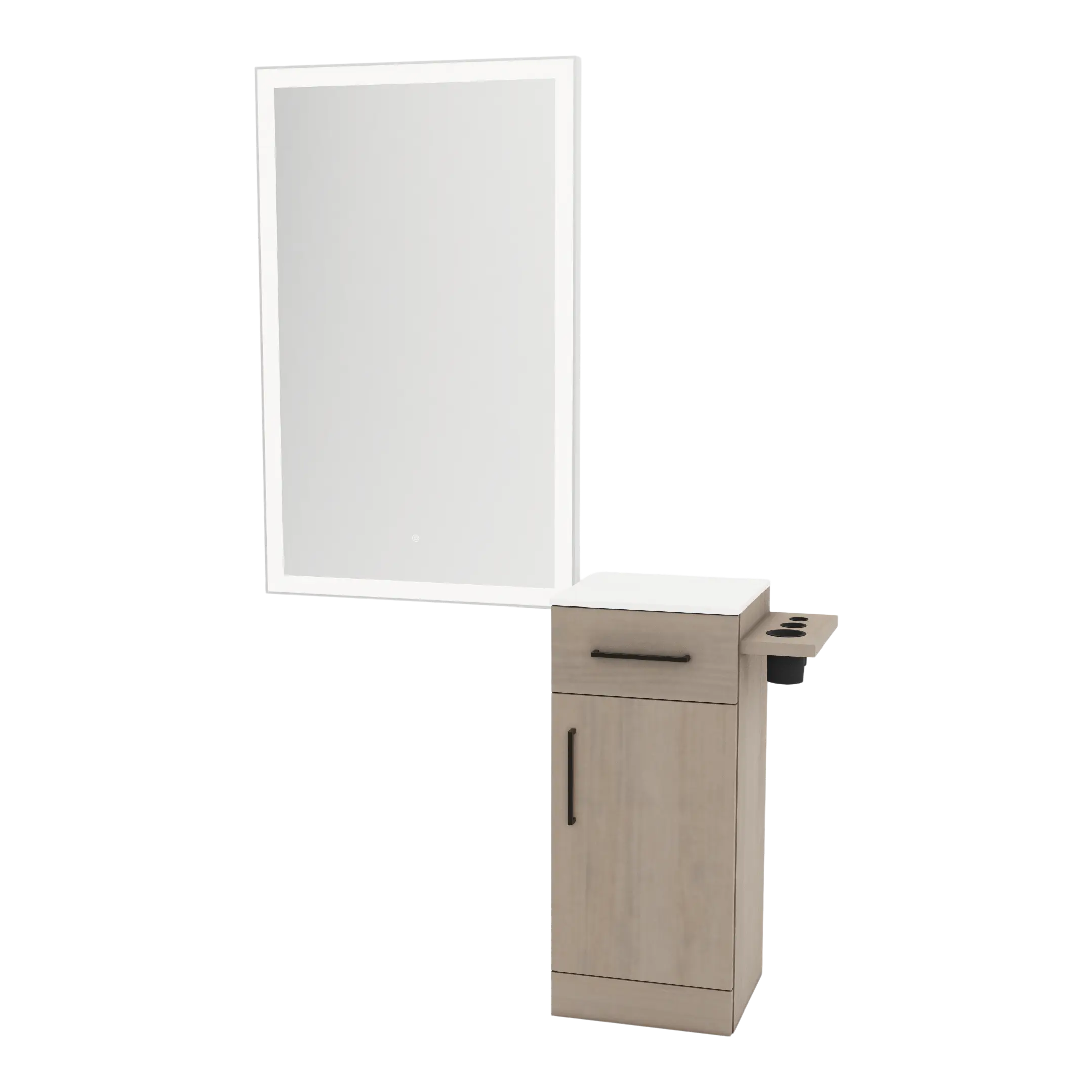 Nova Wall Mount Styling Station with Concealed Appliance Holder, Solid Surface Countertop, and Silver Rectangle Glo Mirror