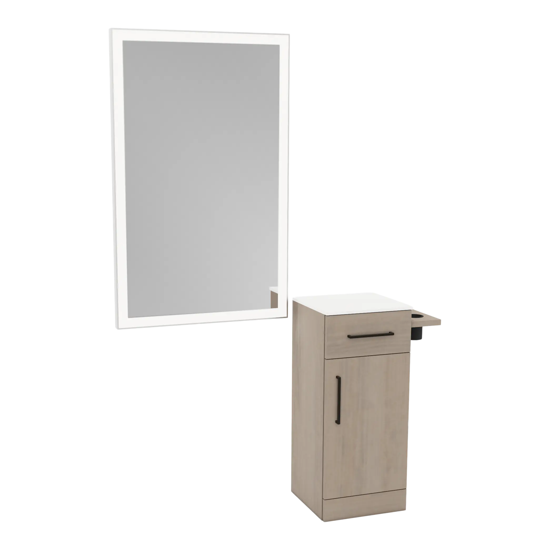 Nova Wall Mount Styling Station with Concealed Appliance Holder, Solid Surface Countertop, and Silver Rectangle Glo Mirror