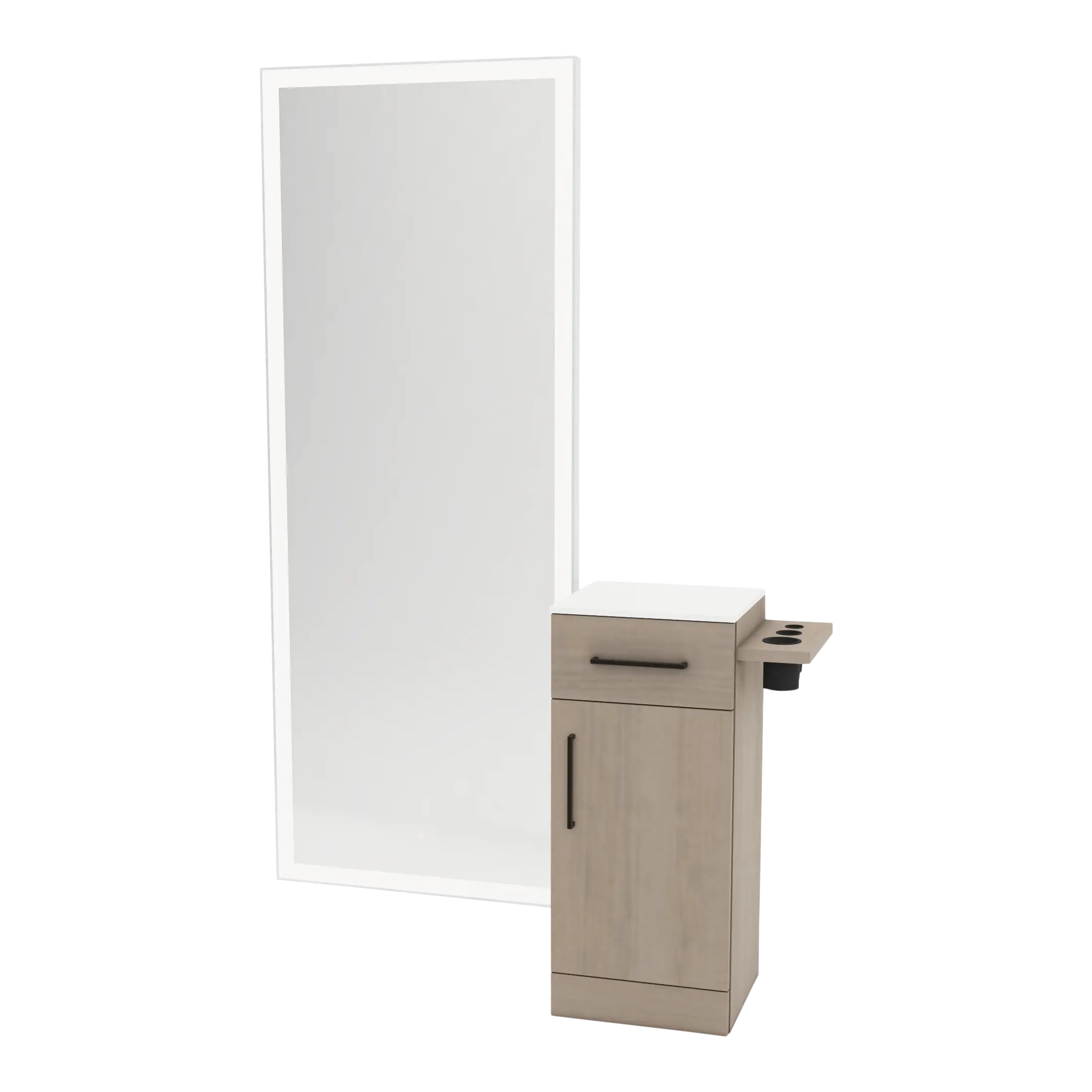 Nova Tower Free Standing Styling Station with Side-Mount Appliance Holder, Solid Surface Countertop, and Silver Full-Length Rectangle Glo Mirror