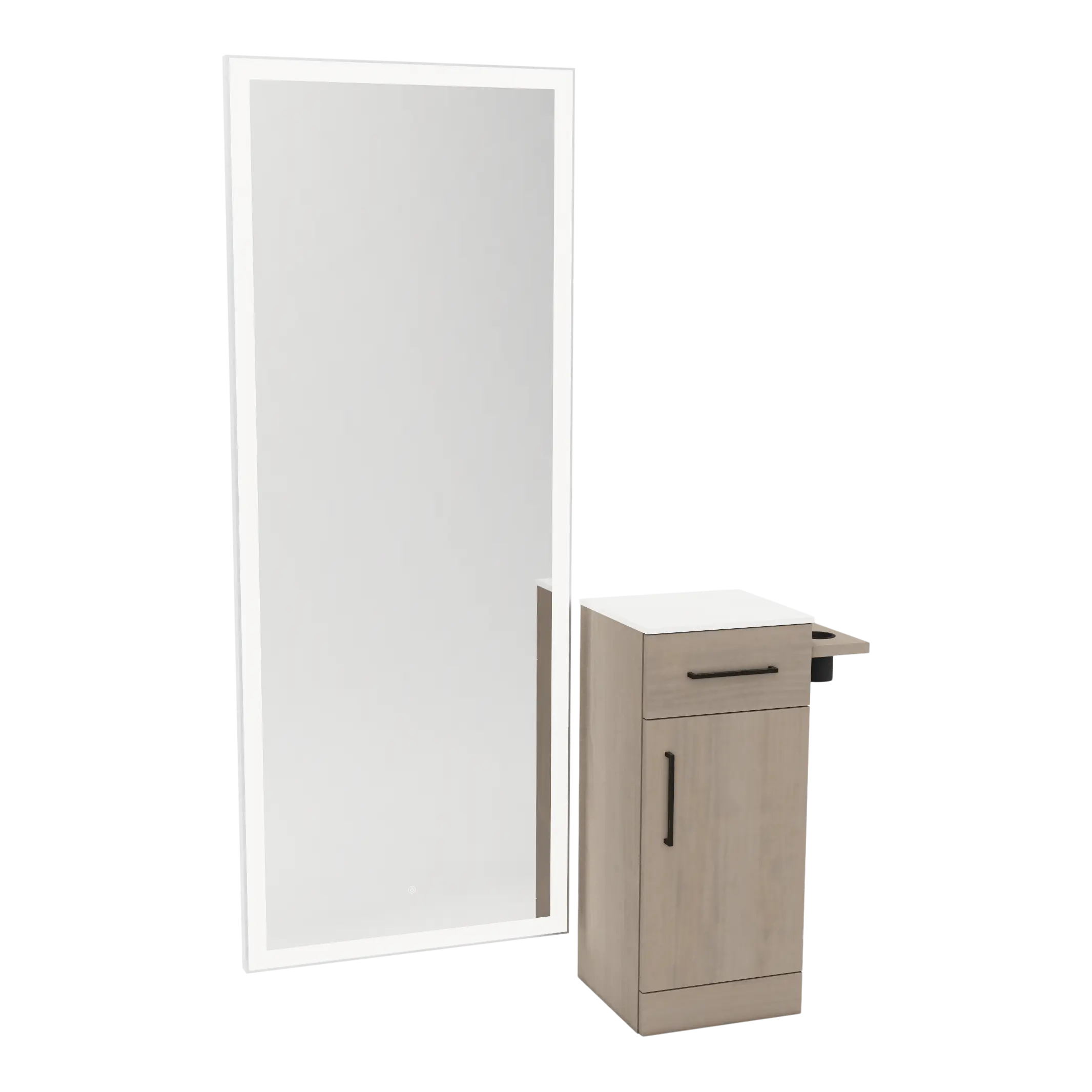 Nova Tower Free Standing Styling Station with Side-Mount Appliance Holder, Solid Surface Countertop, and Silver Full-Length Rectangle Glo Mirror