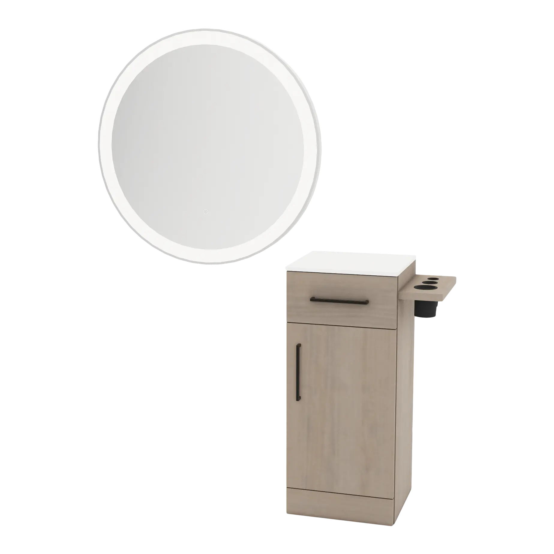 Nova Tower Free Standing Styling Station with Side-Mount Appliance Holder, Solid Surface Countertop, and Silver Round Glo Mirror