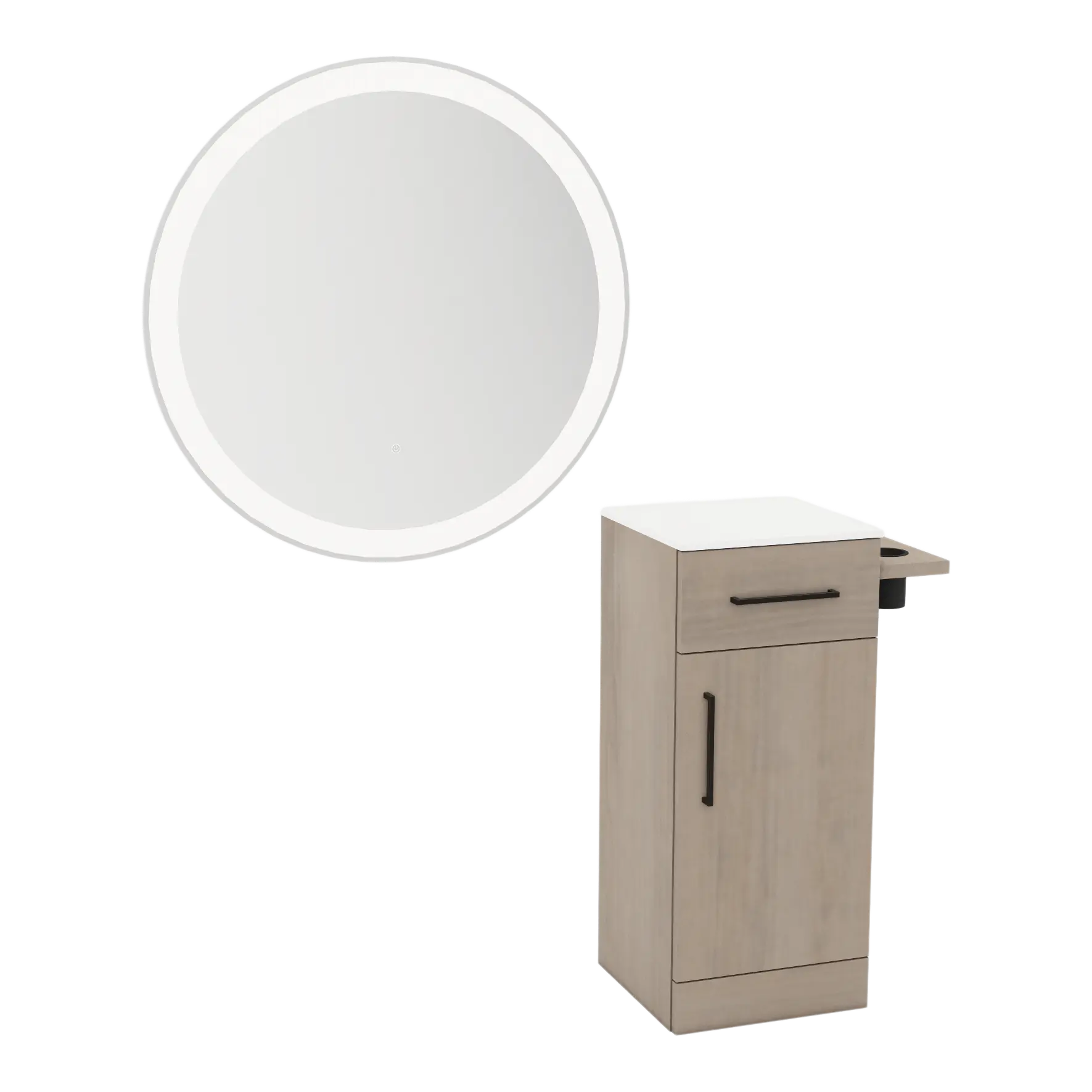 Nova Tower Free Standing Styling Station with Side-Mount Appliance Holder, Solid Surface Countertop, and Silver Round Glo Mirror