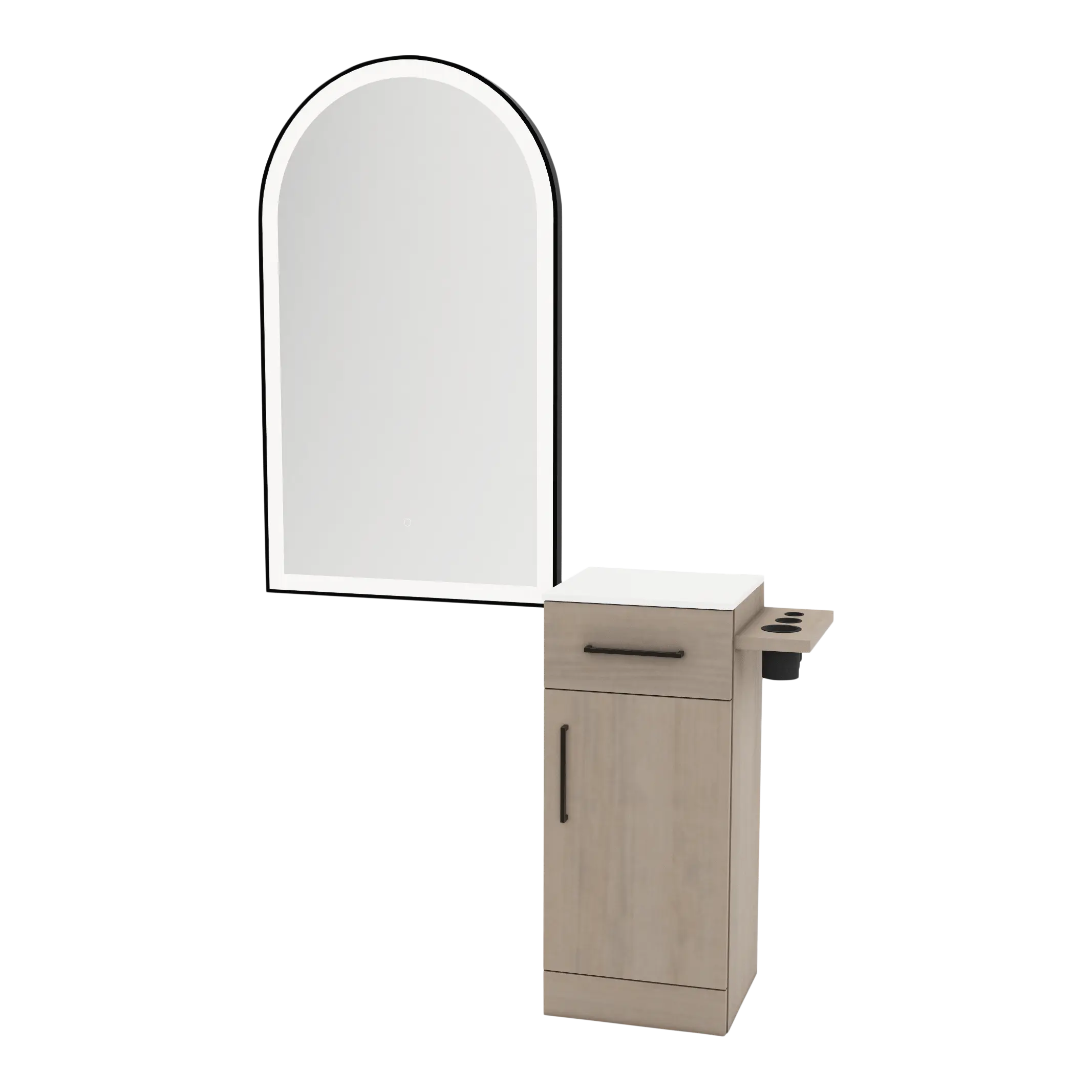 Nova Tower Free Standing Styling Station with Side-Mount Appliance Holder, Solid Surface Countertop, and Black Arch Paloma Mirror