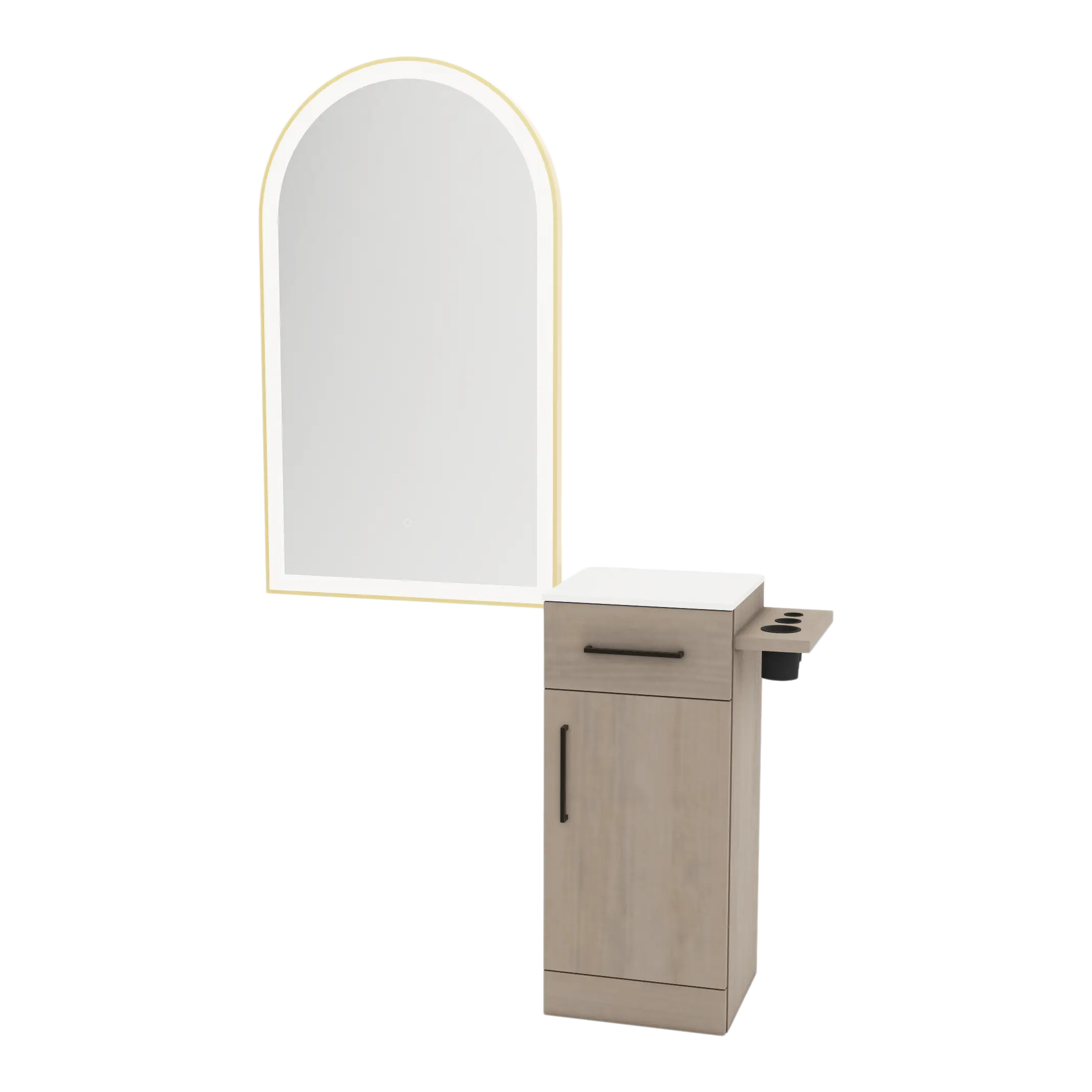Nova Tower Free Standing Styling Station with Side-Mount Appliance Holder, Solid Surface Countertop, and Gold Arch Paloma Mirror