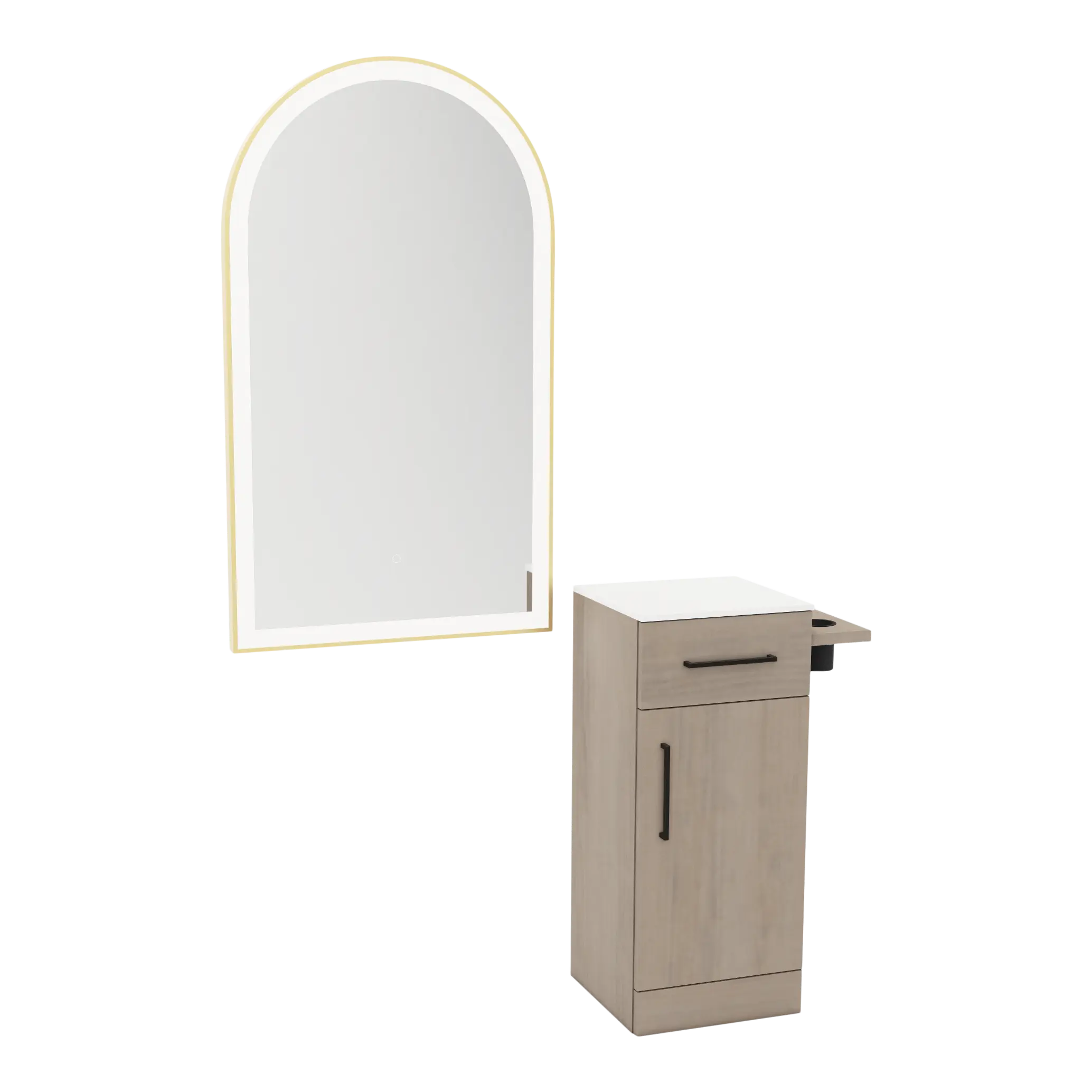 Nova Tower Free Standing Styling Station with Side-Mount Appliance Holder, Solid Surface Countertop, and Gold Arch Paloma Mirror