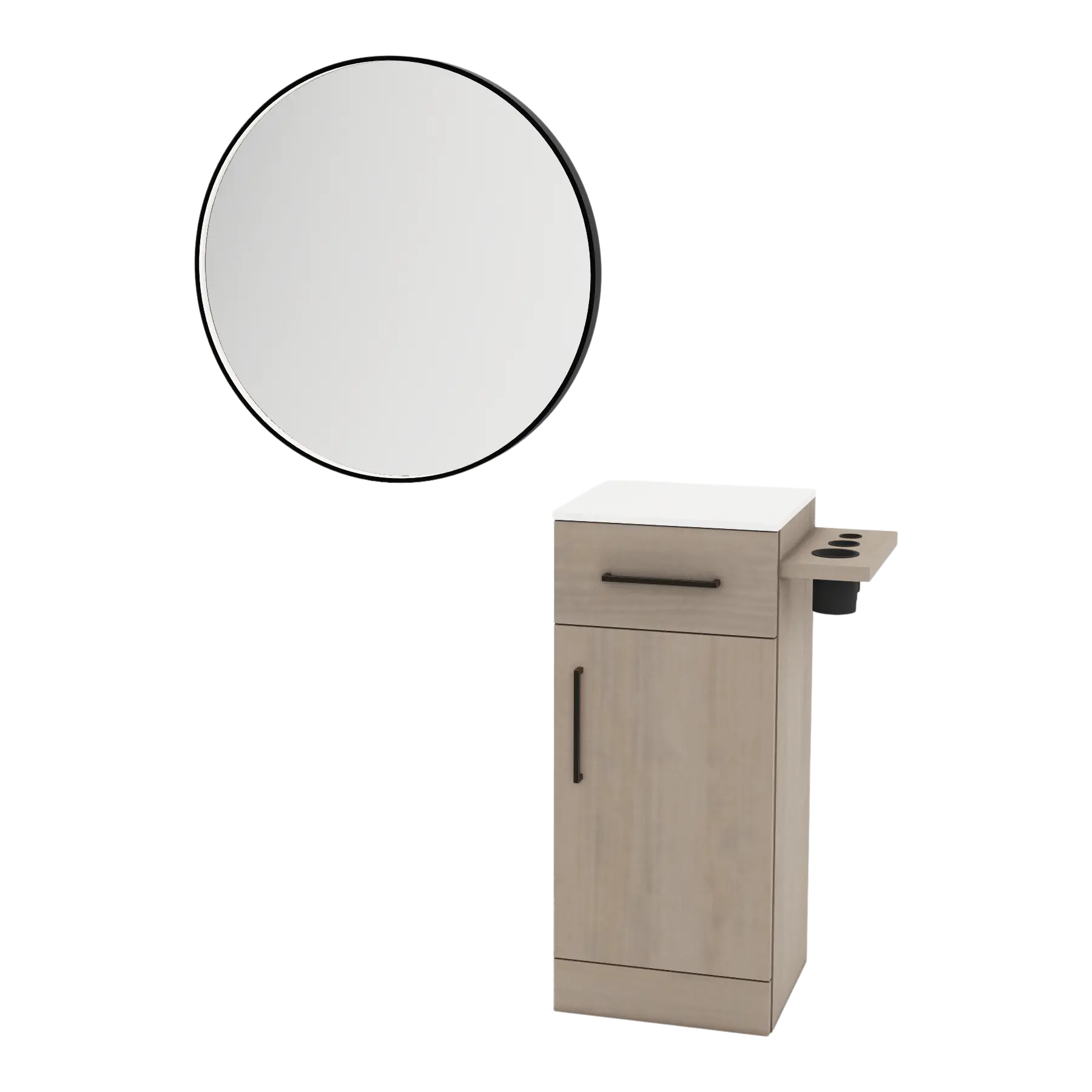 Nova Tower Free Standing Styling Station with Side-Mount Appliance Holder, Solid Surface Countertop, and Black Round Westin Mirror