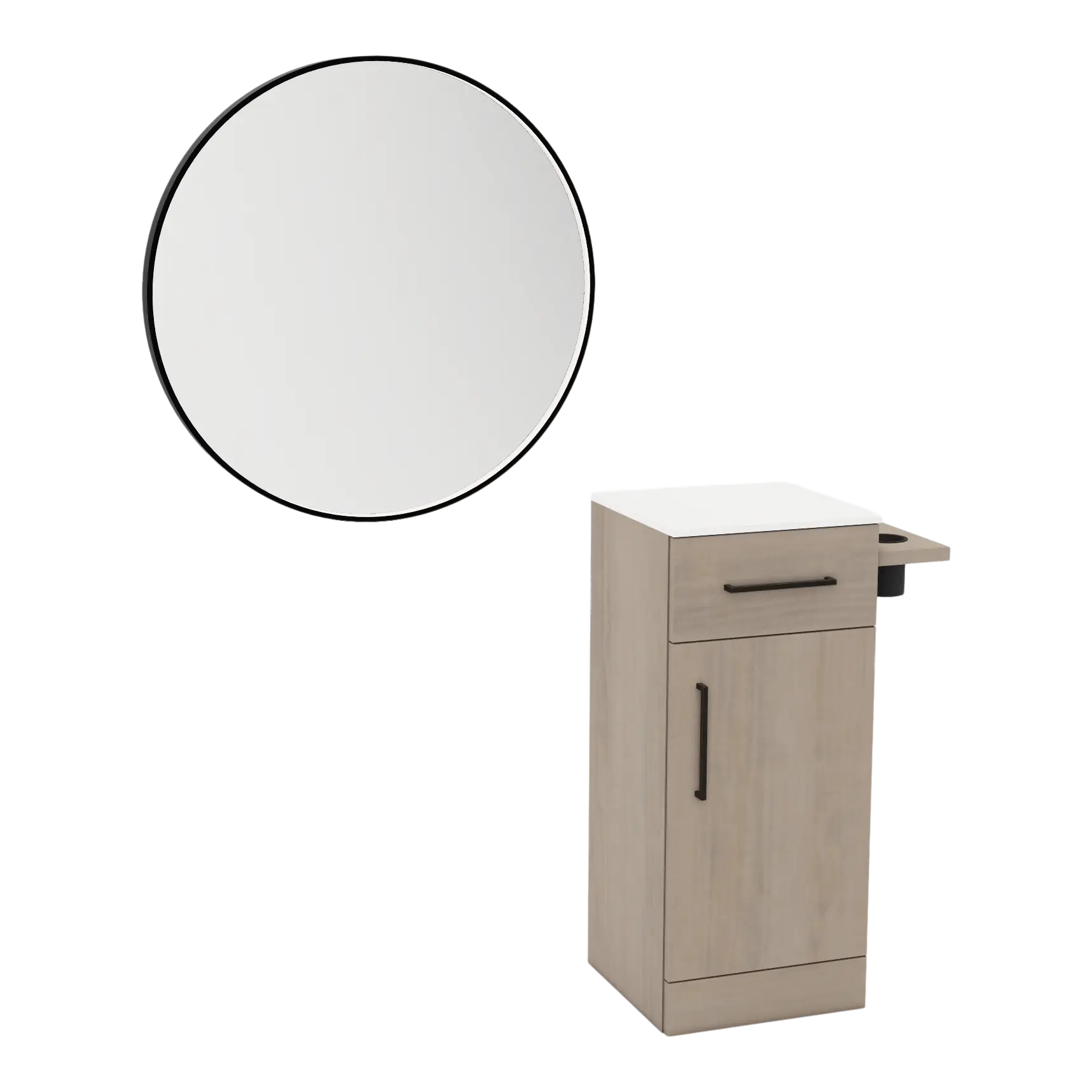 Nova Tower Free Standing Styling Station with Side-Mount Appliance Holder, Solid Surface Countertop, and Black Round Westin Mirror