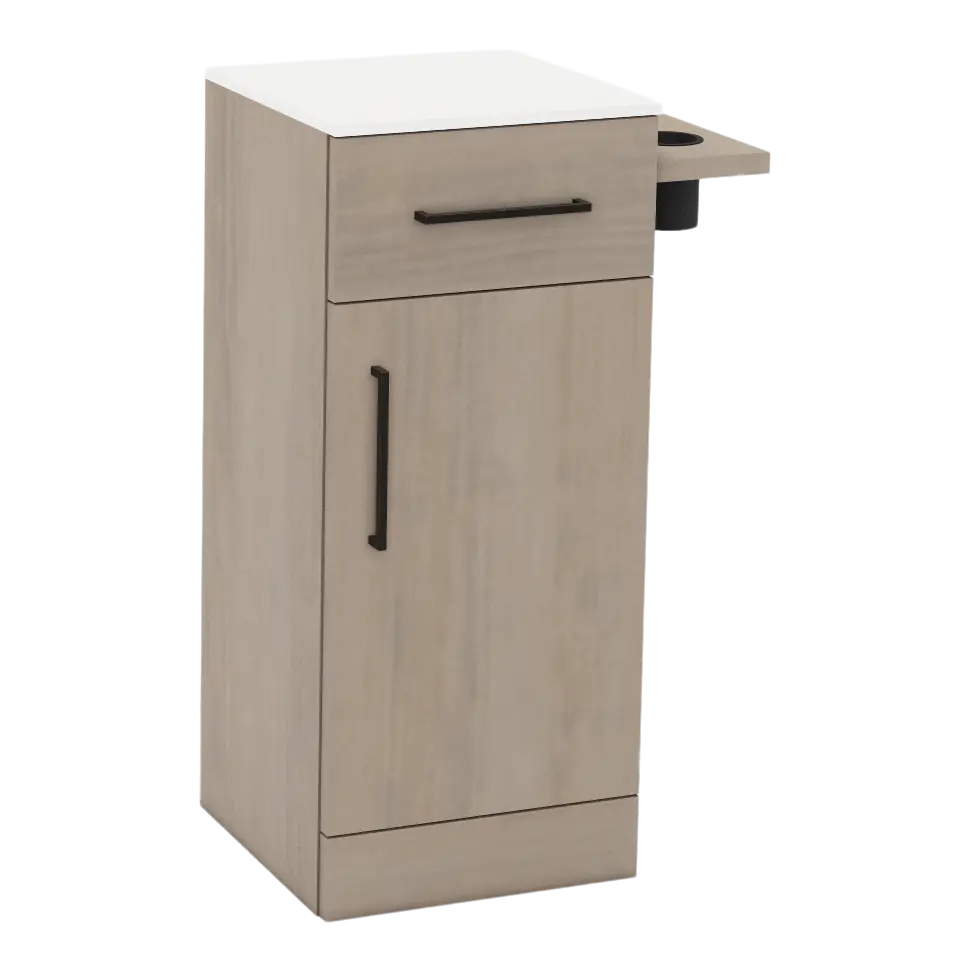 Nova Tower Free Standing Styling Station with Side-Mount Appliance Holder and Solid Surface Countertop (Cabinet Only)