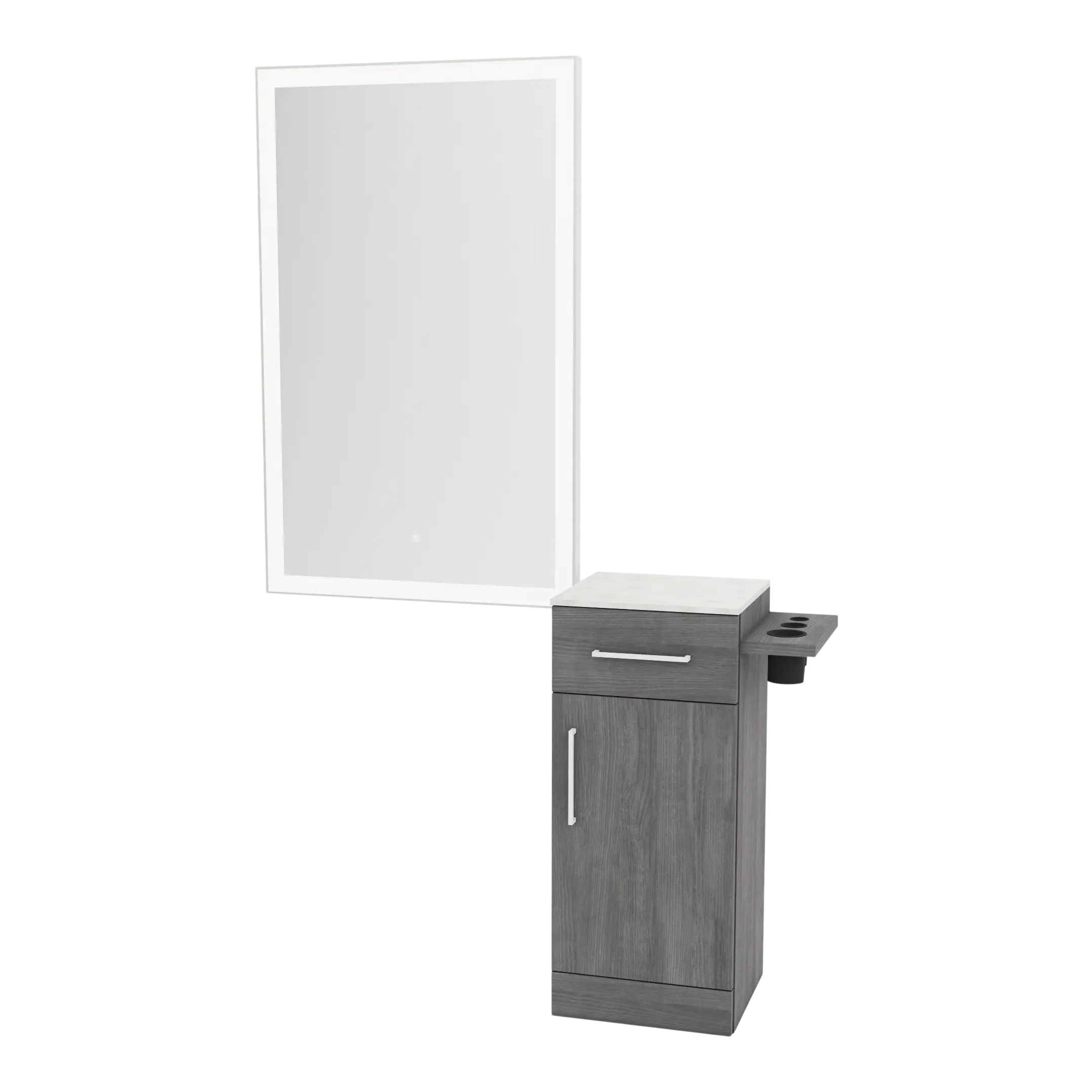 Nova Wall Mount Styling Station with Concealed Appliance Holder, Solid Surface Countertop, and Silver Rectangle Glo Mirror