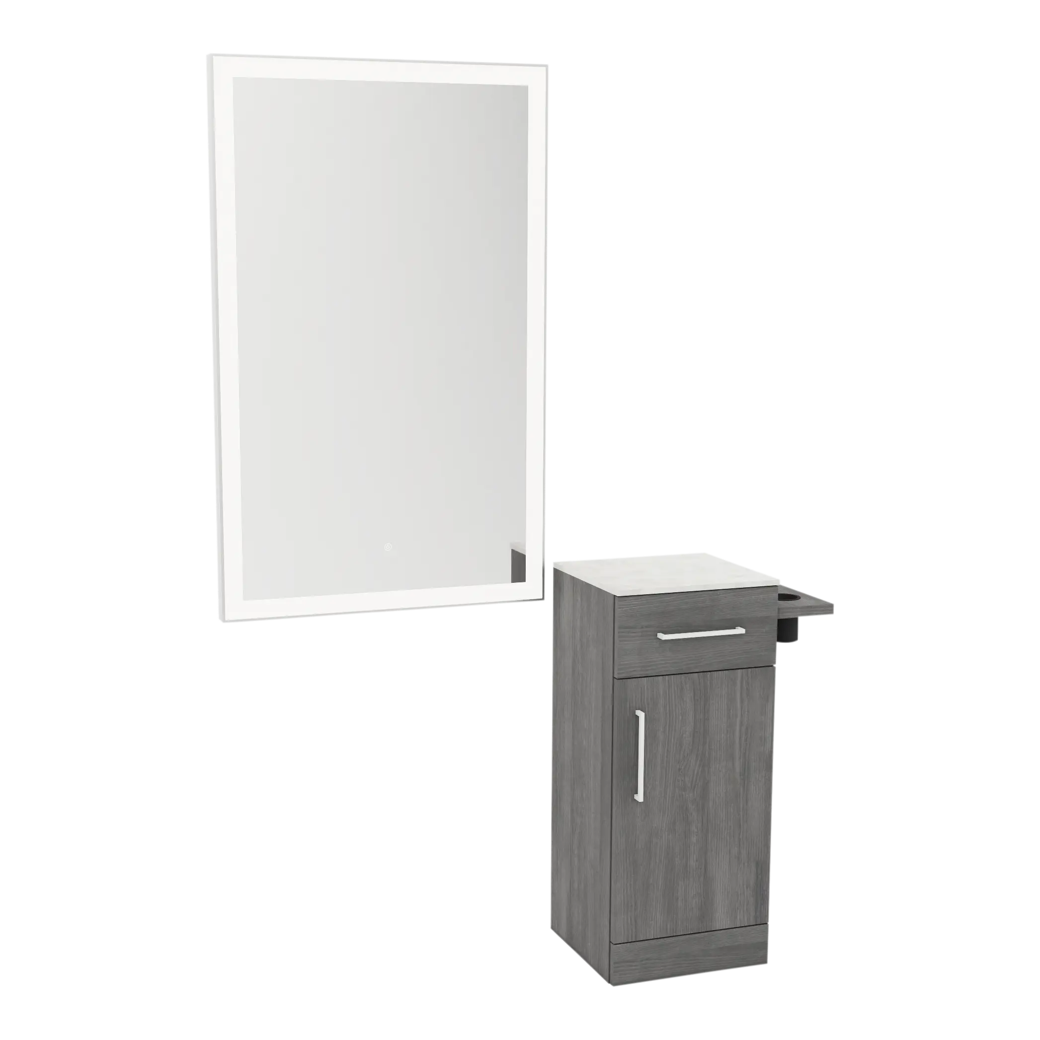Nova Wall Mount Styling Station with Concealed Appliance Holder, Solid Surface Countertop, and Silver Rectangle Glo Mirror