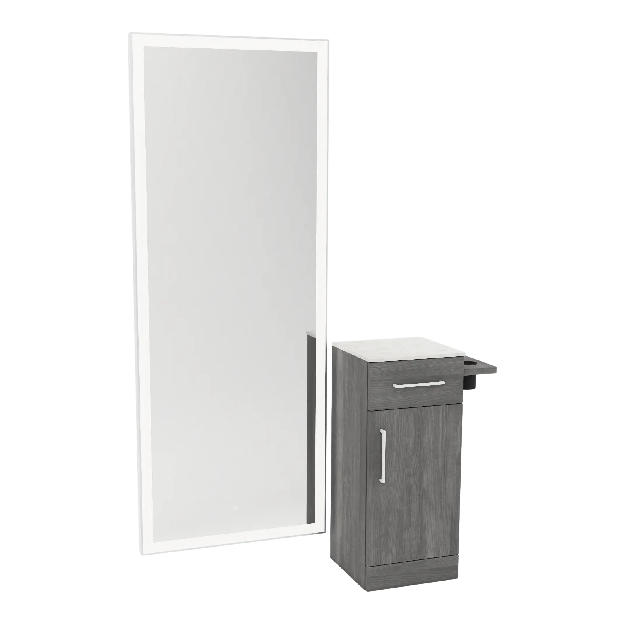 Nova Tower Free Standing Styling Station with Side-Mount Appliance Holder, Solid Surface Countertop, and Silver Full-Length Rectangle Glo Mirror