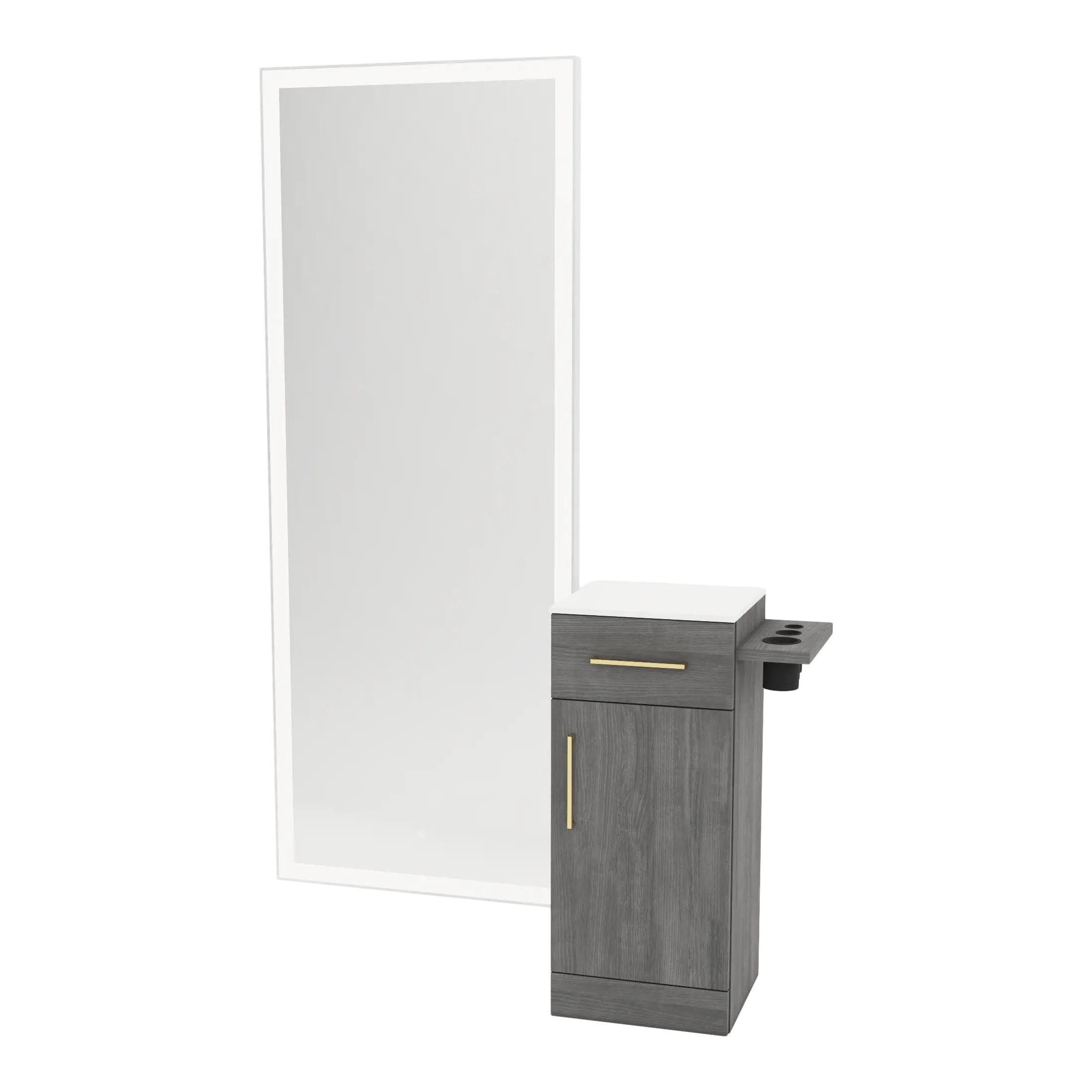 Nova Tower Free Standing Styling Station with Side-Mount Appliance Holder, Solid Surface Countertop, and Silver Full-Length Rectangle Glo Mirror